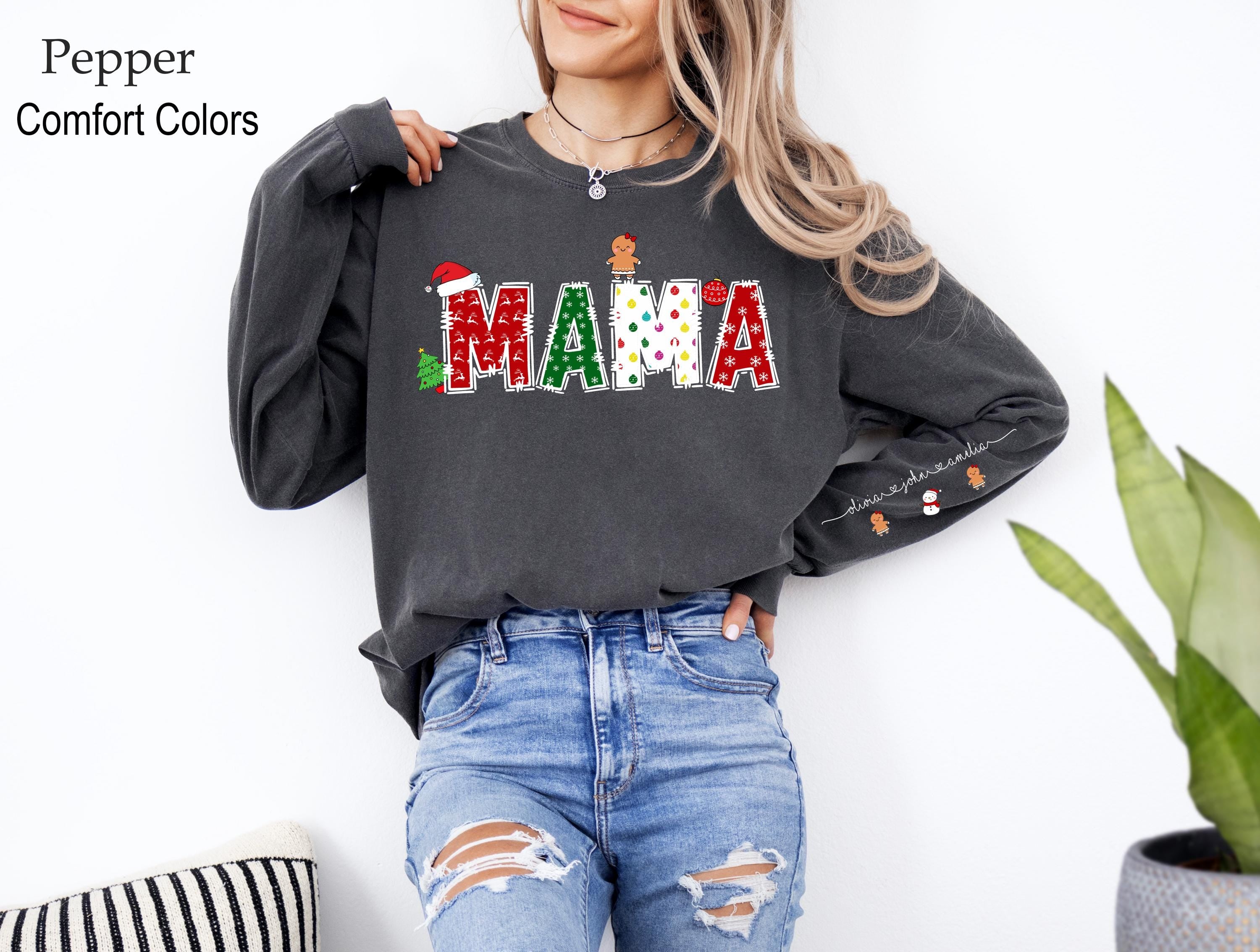 Mama Claus Sweatshirt With Kids On Sleeve Gift For Christmas, Christmas Mom Kids Name Shirt, Custom Christmas Nana Shirt, Grandma Gift