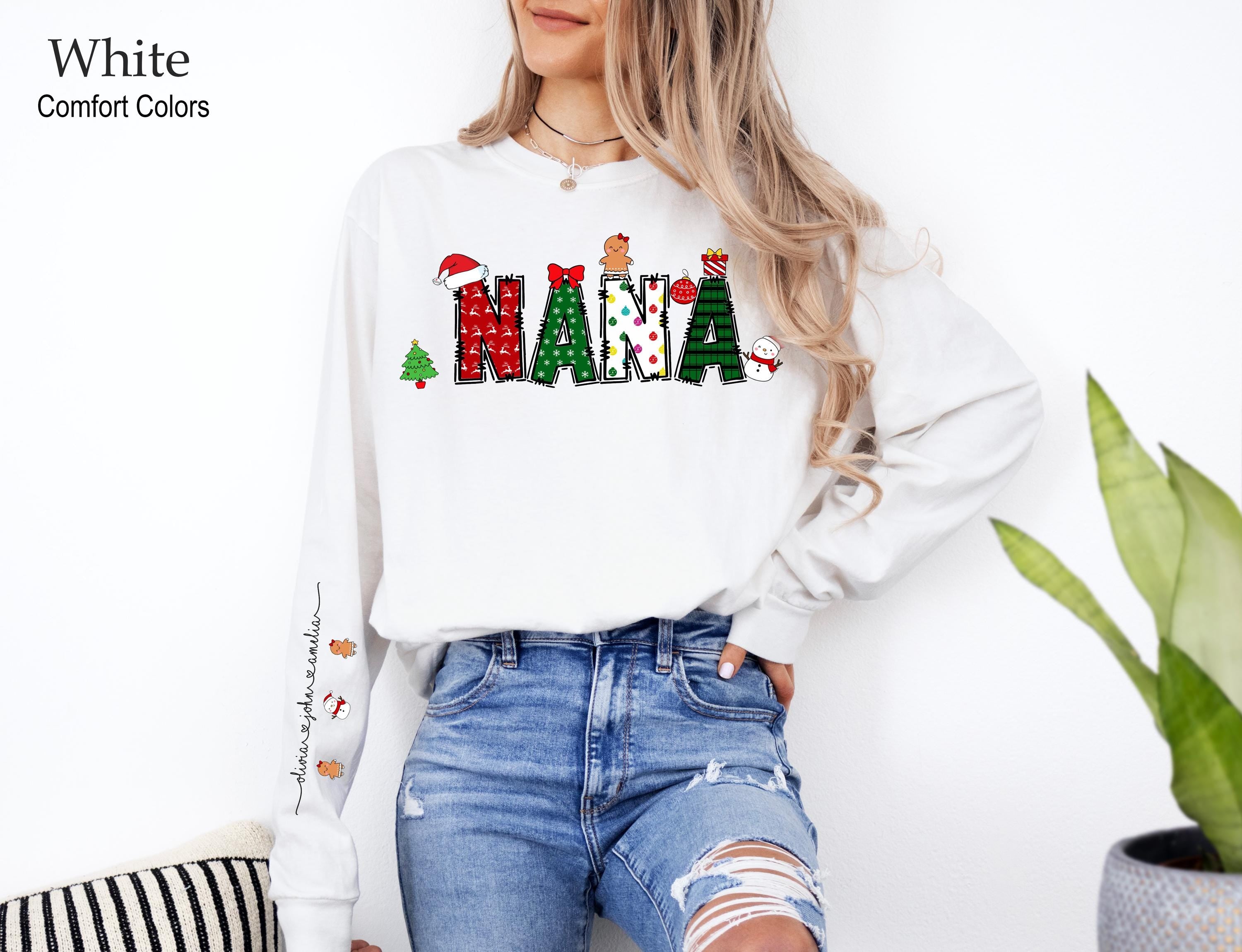 Mama Claus Sweatshirt With Kids On Sleeve Gift For Christmas, Christmas Mom Kids Name Shirt, Custom Christmas Nana Shirt, Grandma Gift