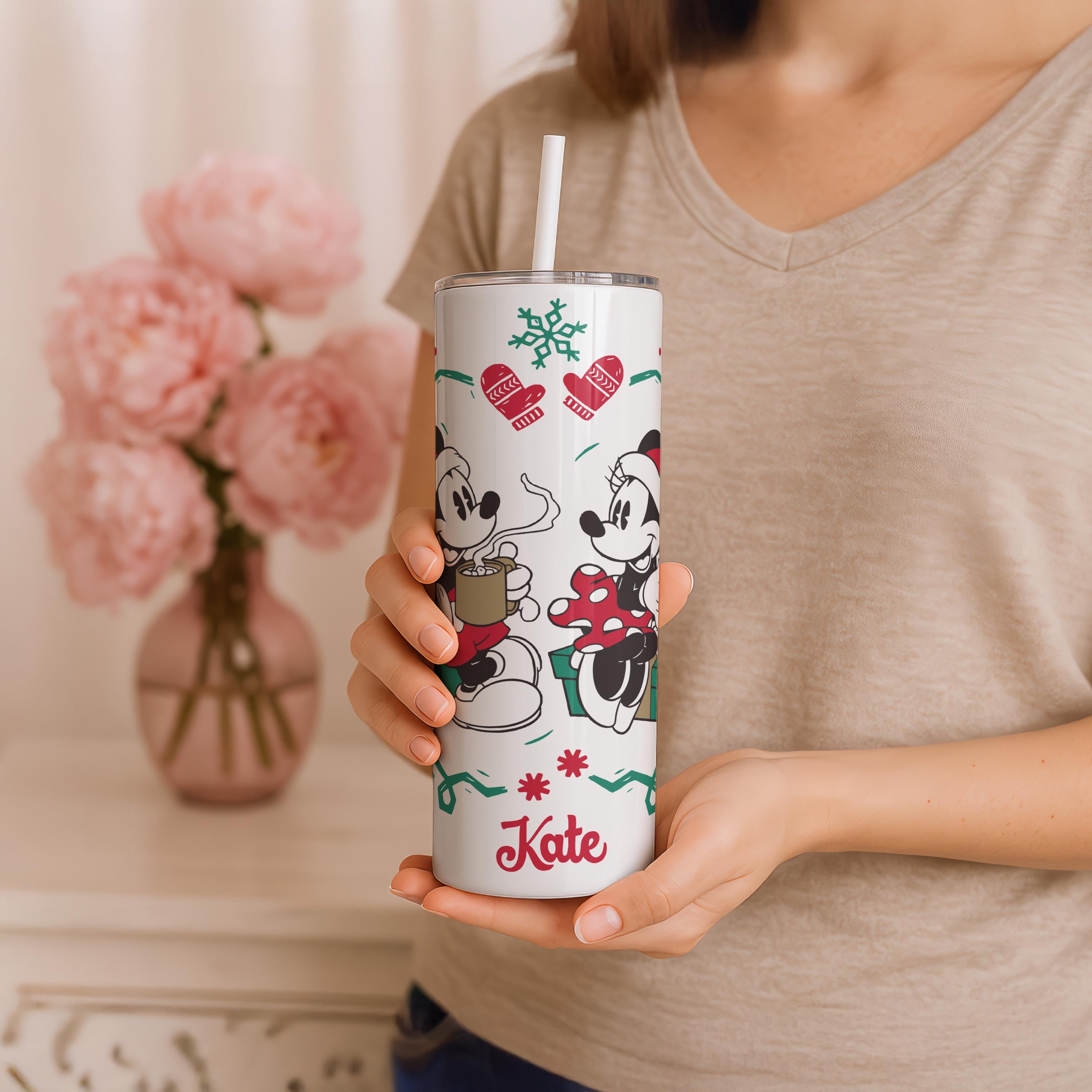 Customized Mickey and  Minnie Mouse Hot Cocoa Tumbler, Christmas Couple Gifts, Disney Christmas 20 oz Tumbler Cup, Xmas Couple Tumbler Gifts