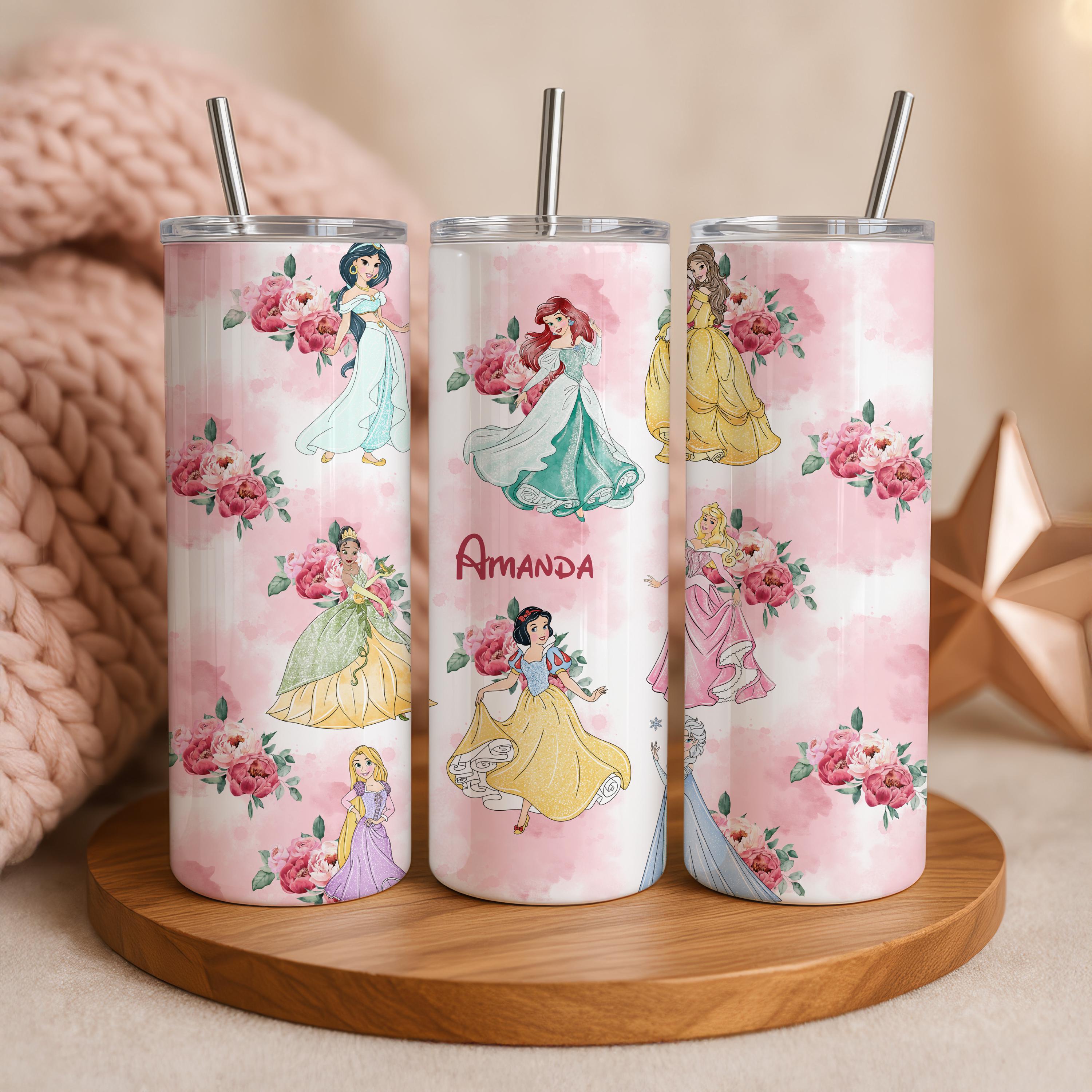 Personalized Floral Disney Princess Tumbler, Customized Name Disney Cup, Disney Trip Gift for Girls, Disney Princess Birthday Tumbler Gifts