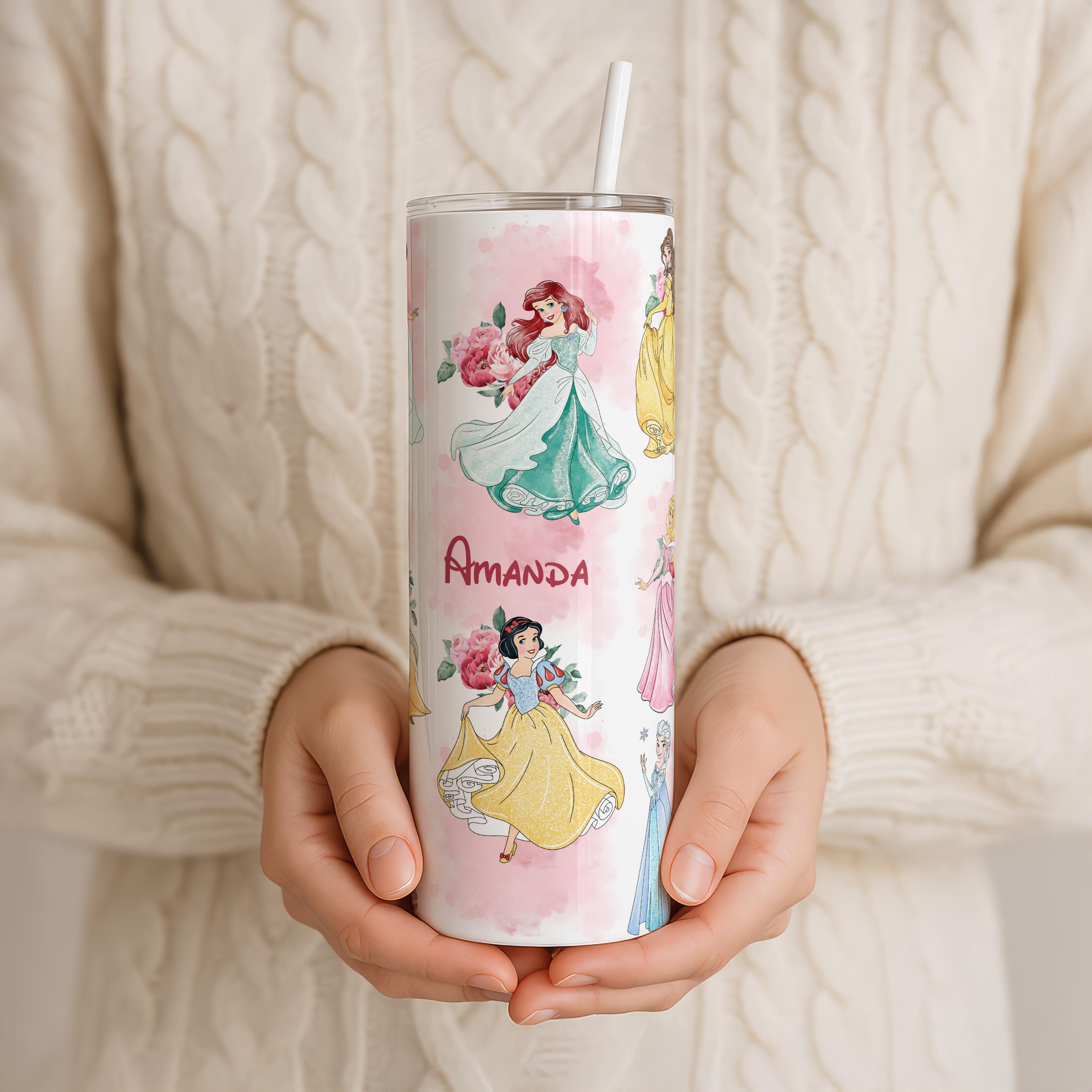 Personalized Floral Disney Princess Tumbler, Customized Name Disney Cup, Disney Trip Gift for Girls, Disney Princess Birthday Tumbler Gifts