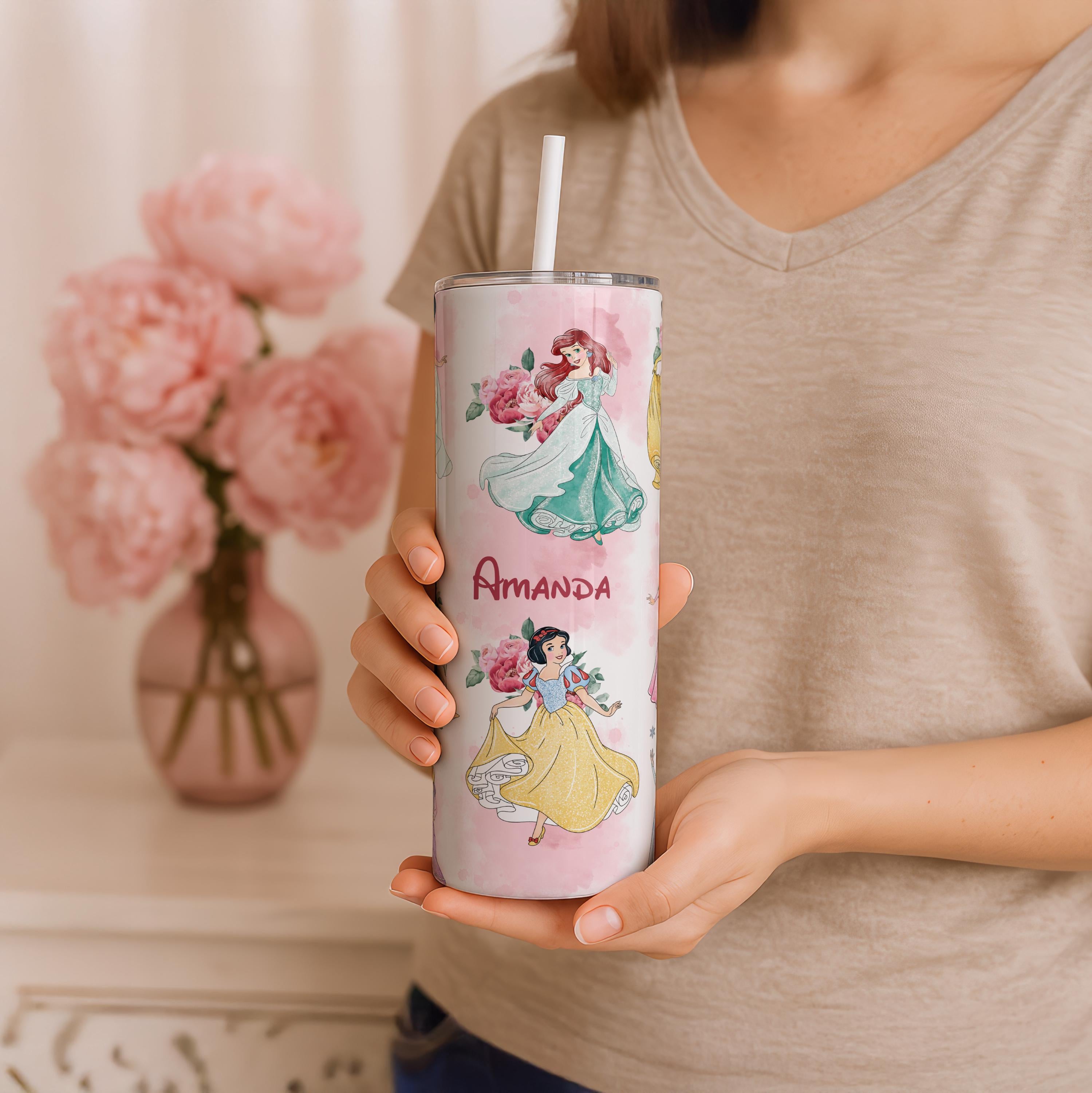 Personalized Floral Disney Princess Tumbler, Customized Name Disney Cup, Disney Trip Gift for Girls, Disney Princess Birthday Tumbler Gifts