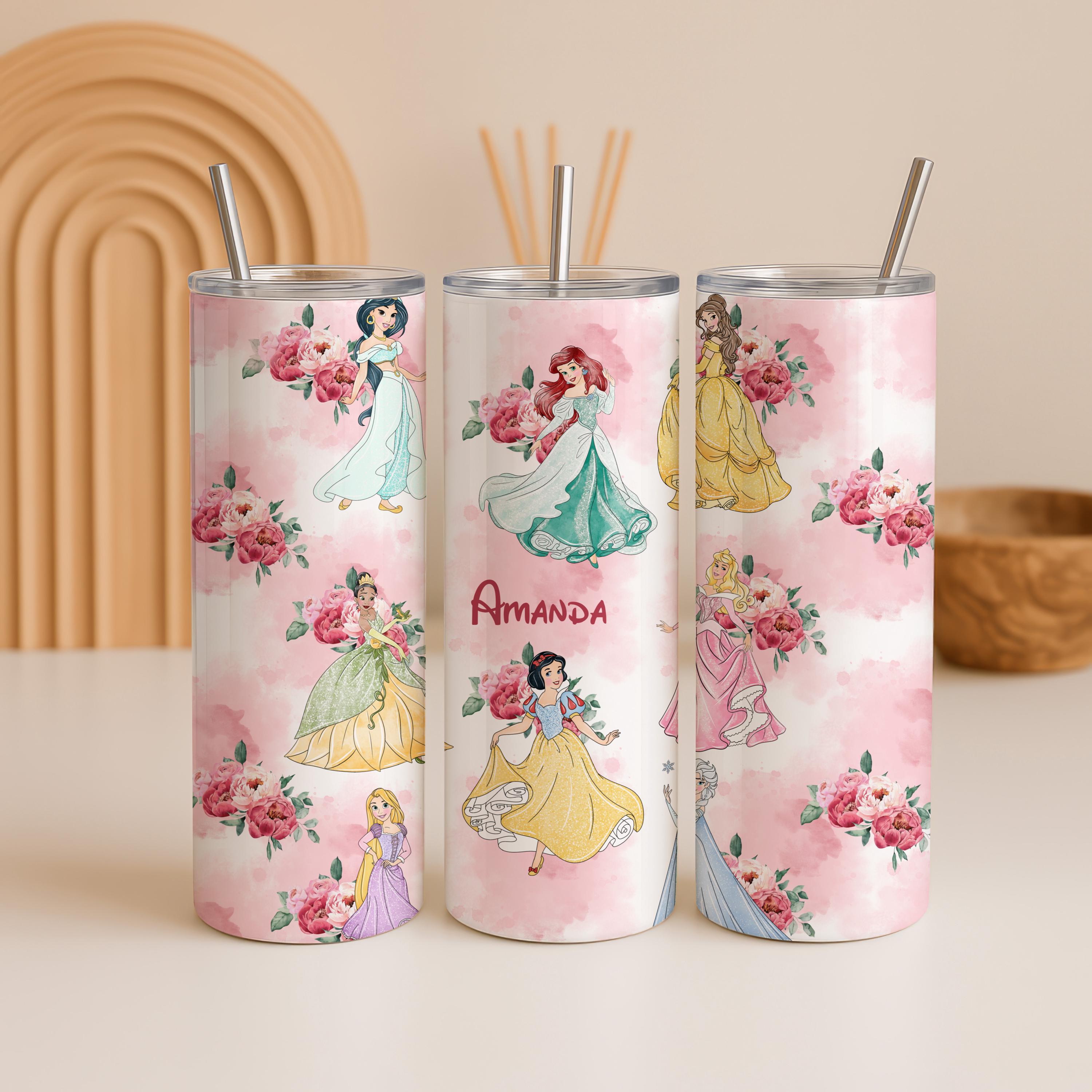 Personalized Floral Disney Princess Tumbler, Customized Name Disney Cup, Disney Trip Gift for Girls, Disney Princess Birthday Tumbler Gifts