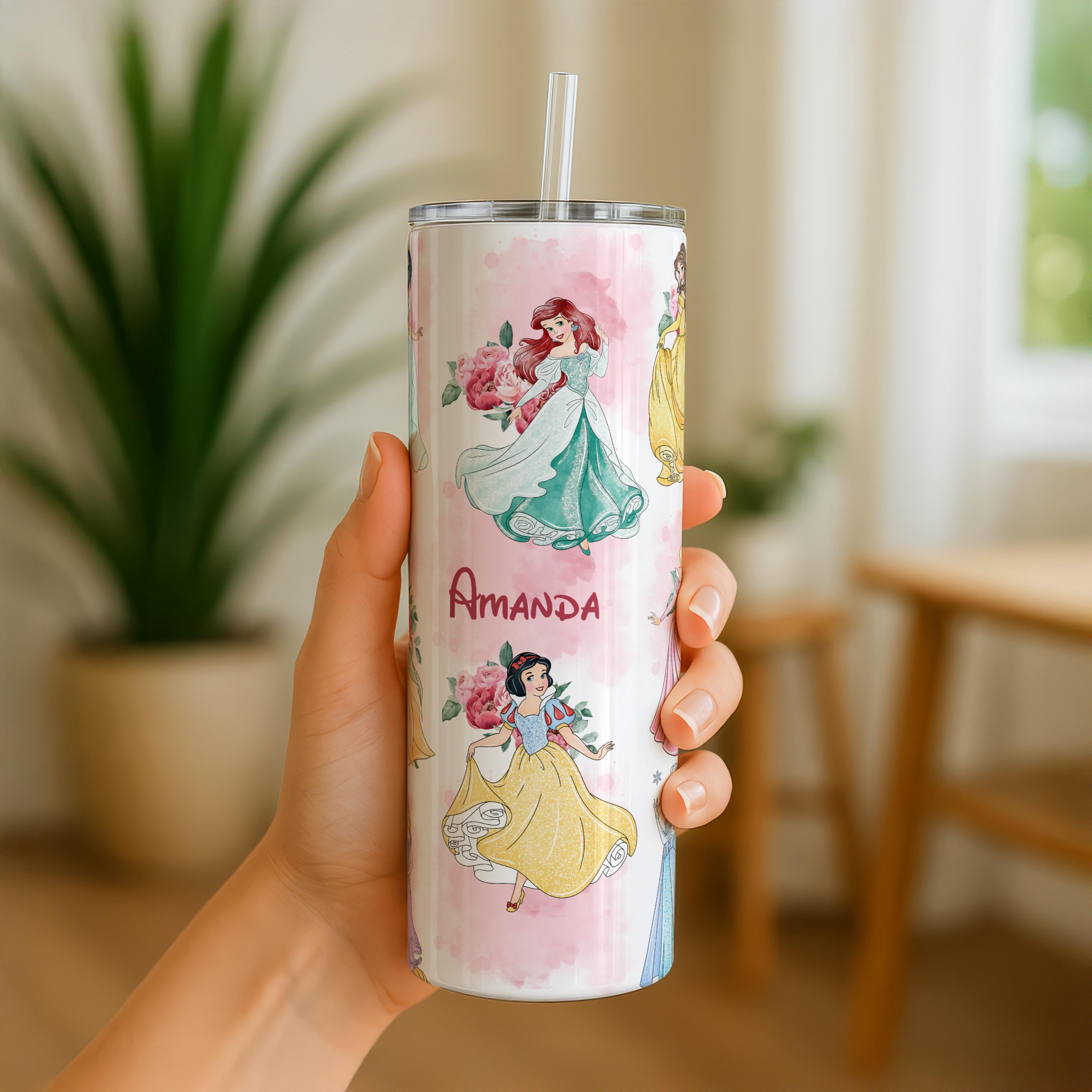 Personalized Floral Disney Princess Tumbler, Customized Name Disney Cup, Disney Trip Gift for Girls, Disney Princess Birthday Tumbler Gifts
