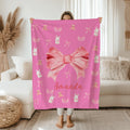 Personalized Pink Bow Patterns Blanket with Name,Pink Christmas Blanket for Kids and Friends,Custom Name Coquette Blanket,Pink Bow Blanket