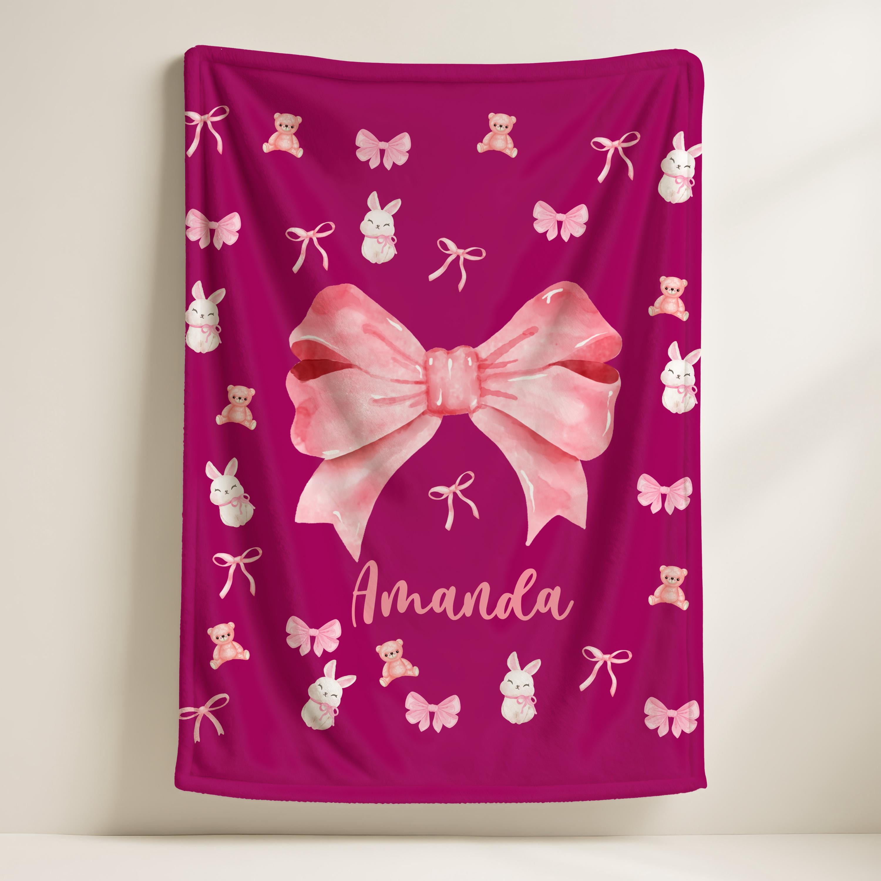 Personalized Pink Bow Patterns Blanket with Name,Pink Christmas Blanket for Kids and Friends,Custom Name Coquette Blanket,Pink Bow Blanket