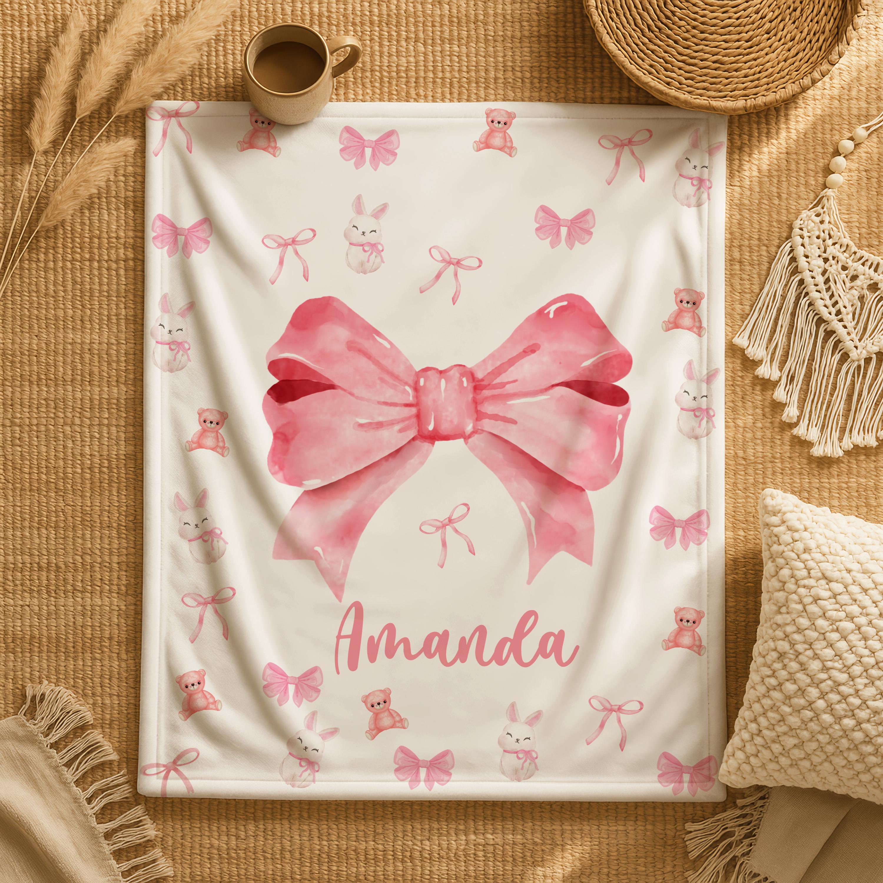 Personalized Pink Bow Patterns Blanket with Name,Pink Christmas Blanket for Kids and Friends,Custom Name Coquette Blanket,Pink Bow Blanket