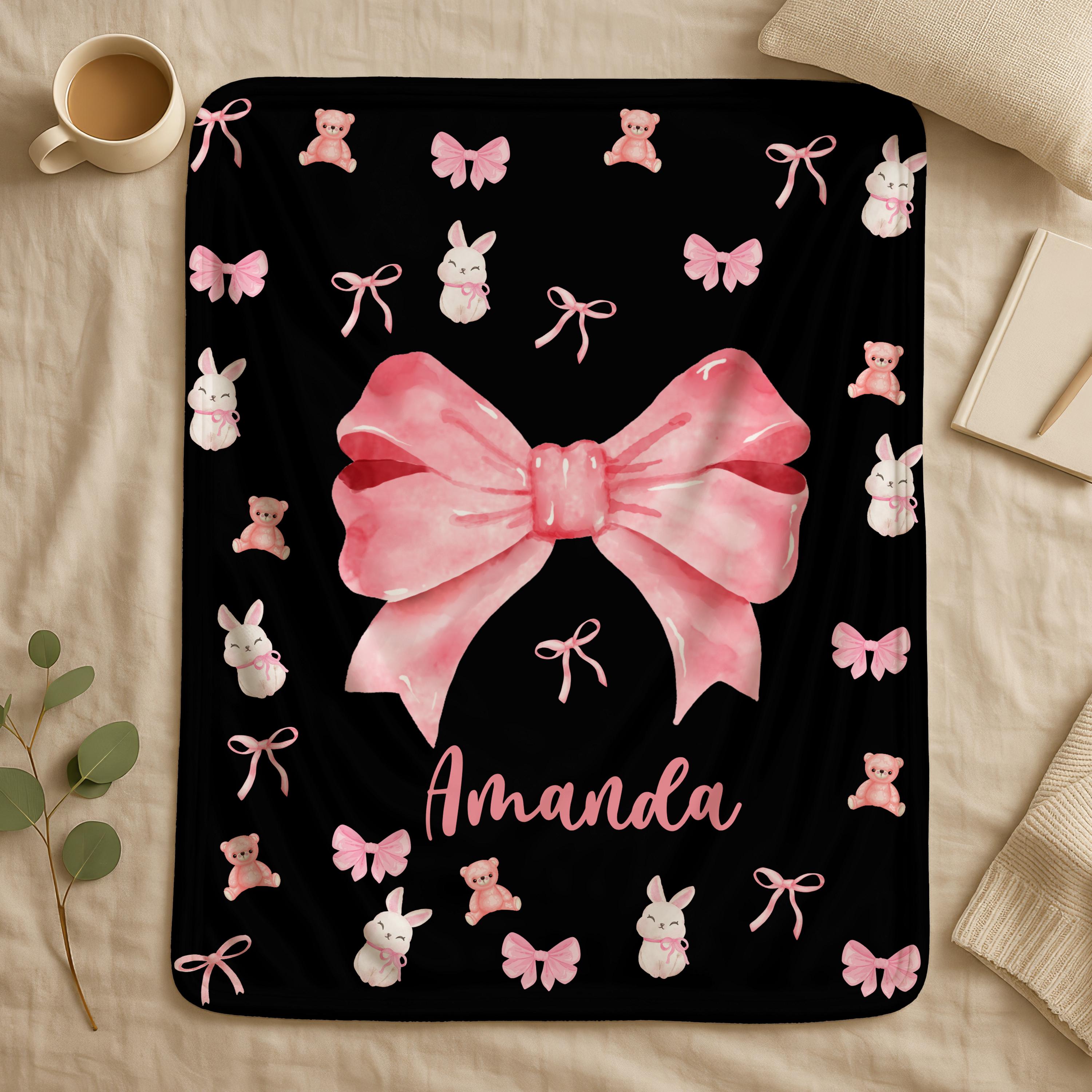 Personalized Pink Bow Patterns Blanket with Name,Pink Christmas Blanket for Kids and Friends,Custom Name Coquette Blanket,Pink Bow Blanket