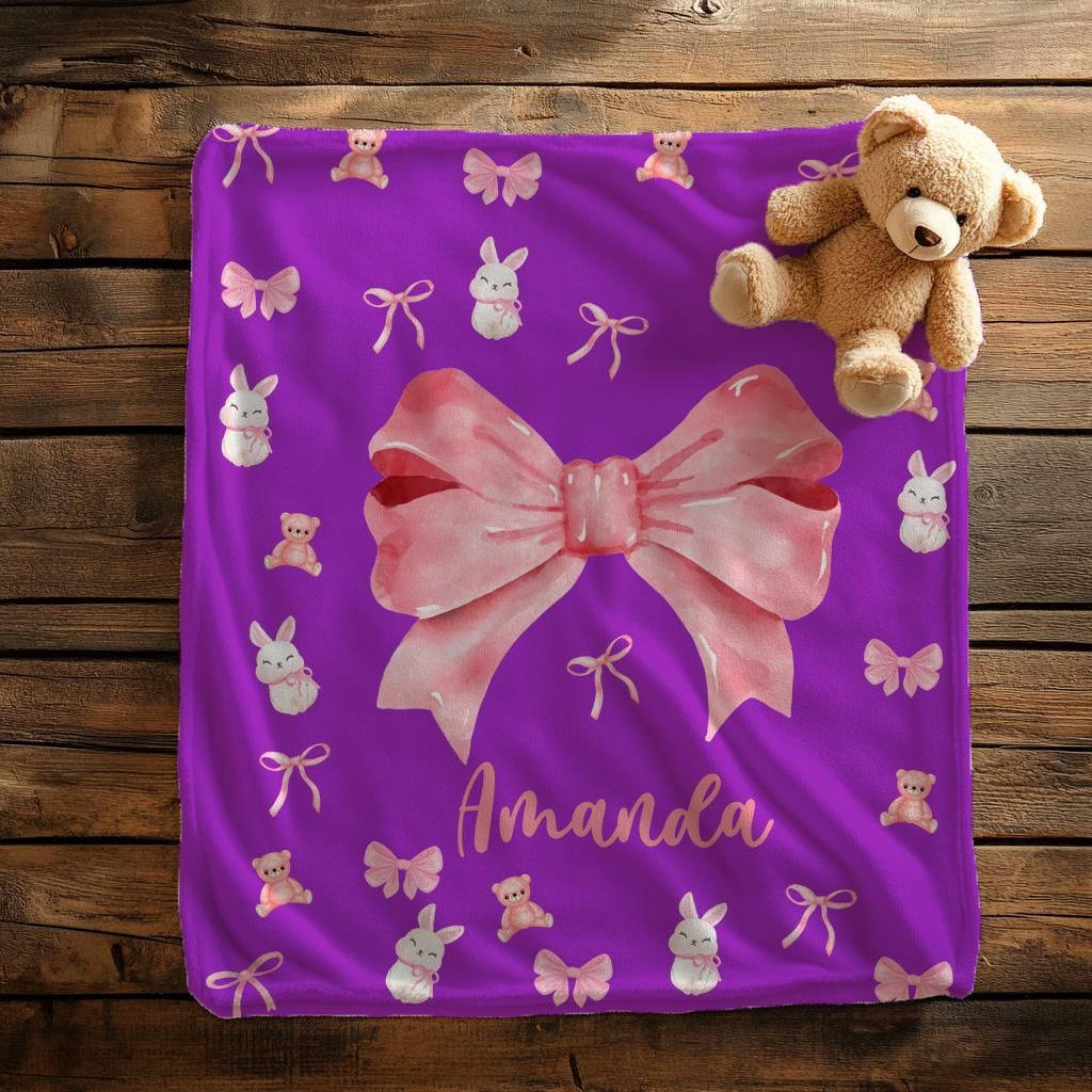 Personalized Pink Bow Patterns Blanket with Name,Pink Christmas Blanket for Kids and Friends,Custom Name Coquette Blanket,Pink Bow Blanket