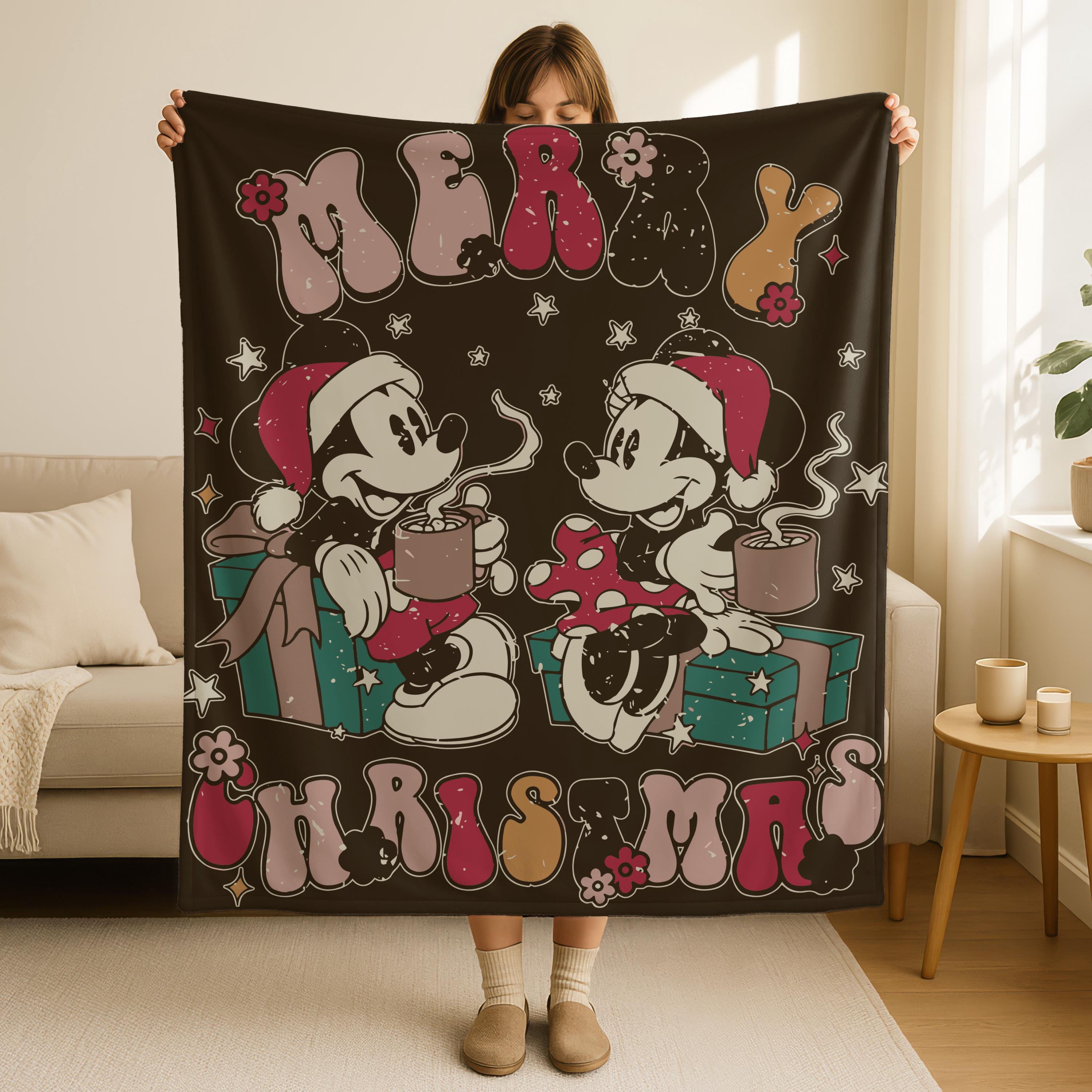 Mickey and Minnie Christmas Blanket, Merry Christmas Blanket, Disney Christmas Blanket, Cute Xmas Gift, Vintage Hot Cocoa Christmas Blanket