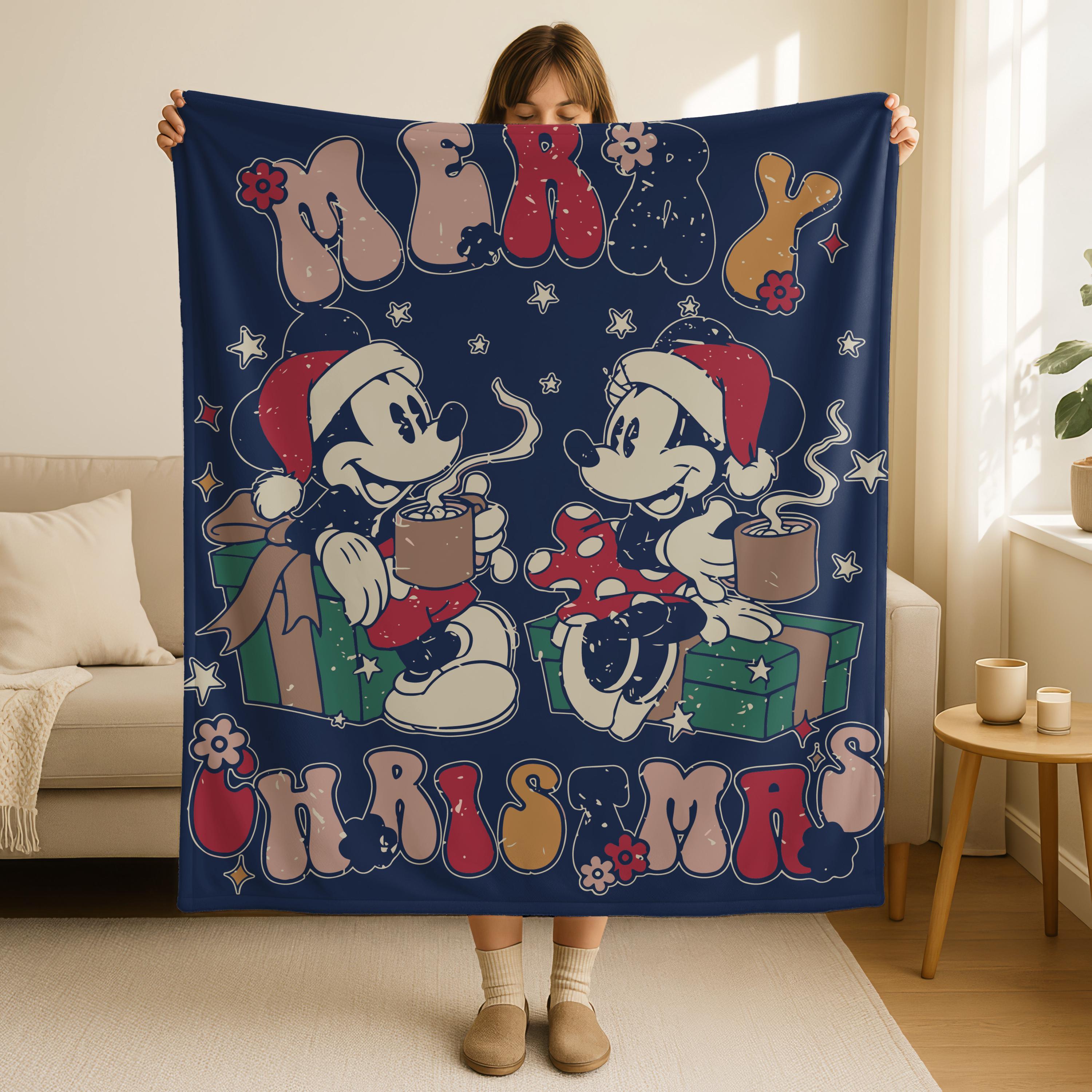 Mickey and Minnie Christmas Blanket, Merry Christmas Blanket, Disney Christmas Blanket, Cute Xmas Gift, Vintage Hot Cocoa Christmas Blanket