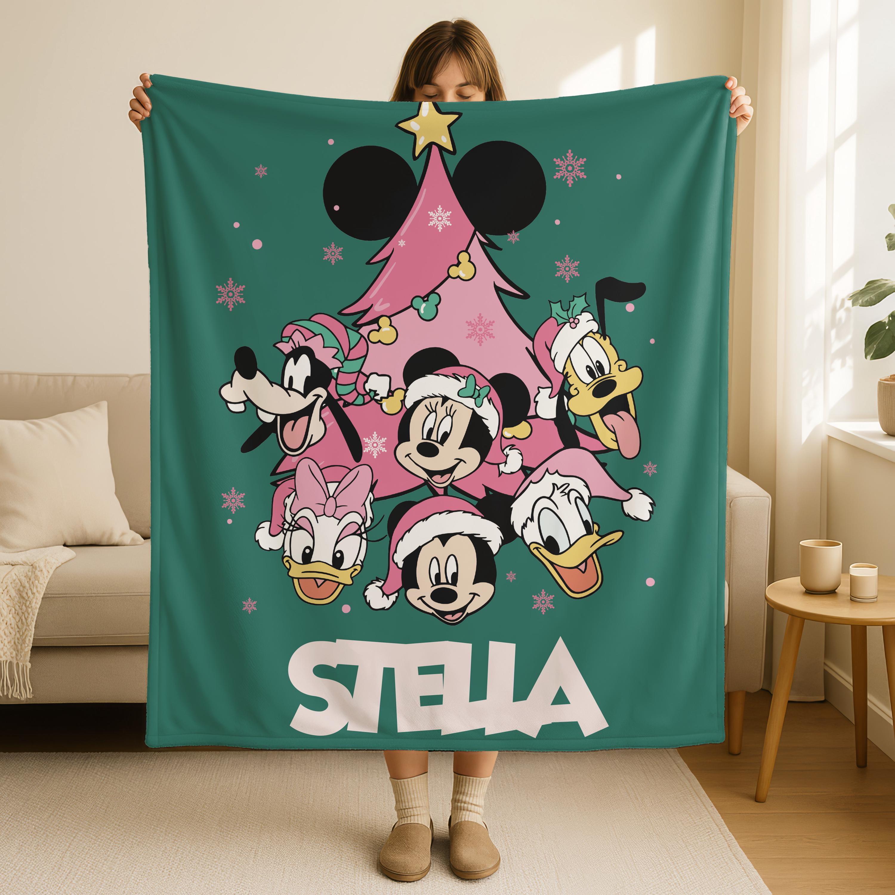 Personalized Pink Christmas Blanket, Mickey and Friend Pink Christmas Holiday Throw,Cute Disney Blanket,Custom Name Christmas Tree Blanket