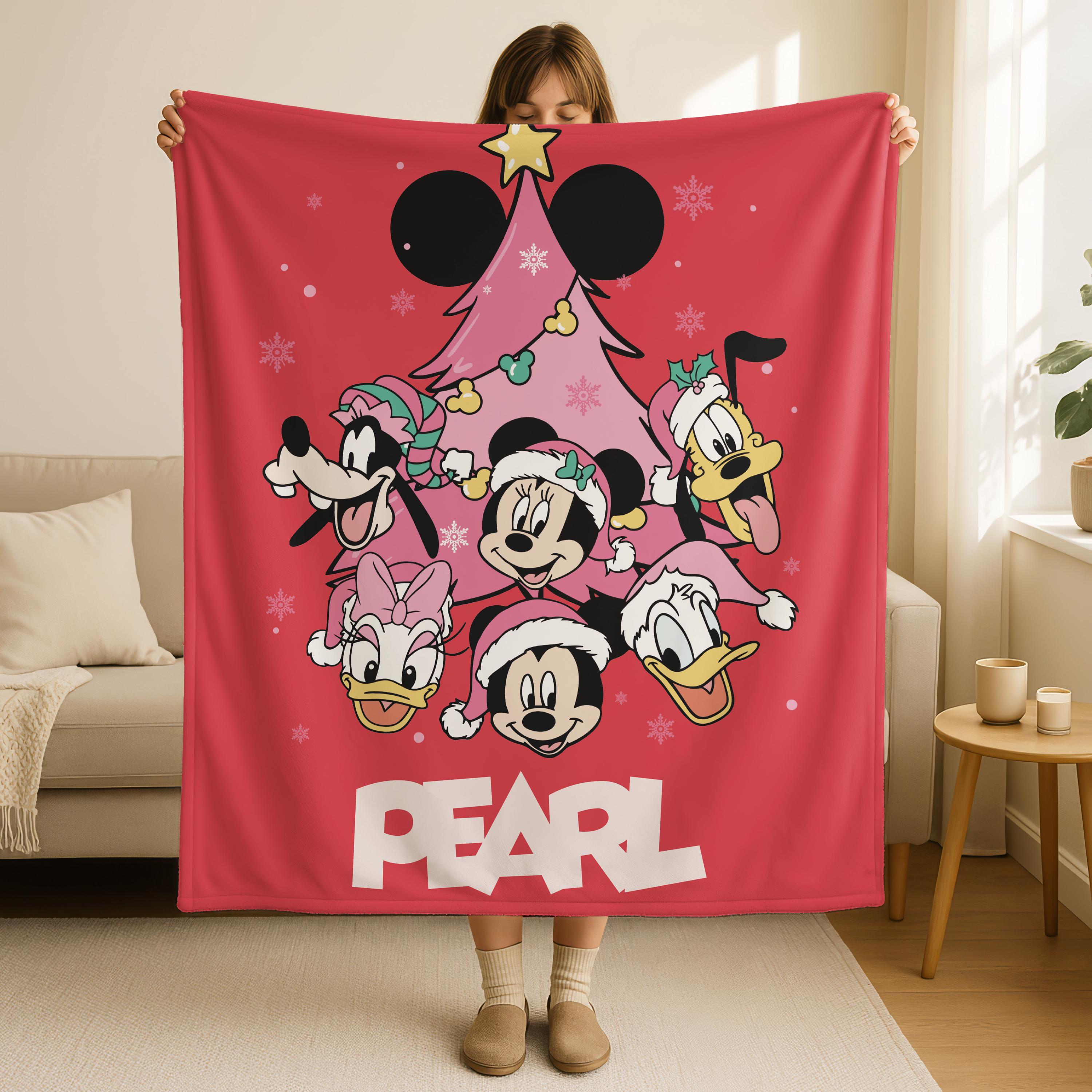 Personalized Pink Christmas Blanket, Mickey and Friend Pink Christmas Holiday Throw,Cute Disney Blanket,Custom Name Christmas Tree Blanket