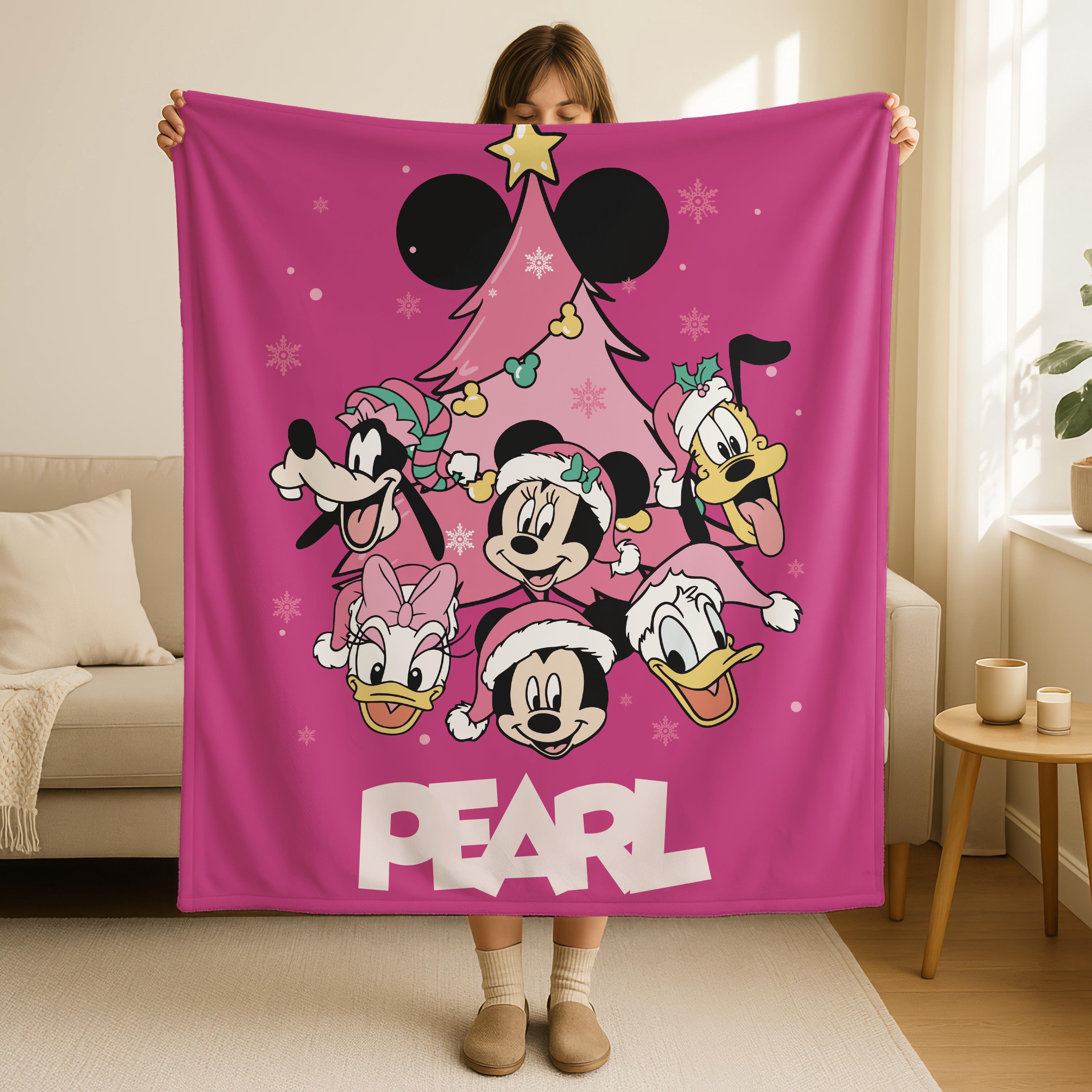 Personalized Pink Christmas Blanket, Mickey and Friend Pink Christmas Holiday Throw,Cute Disney Blanket,Custom Name Christmas Tree Blanket