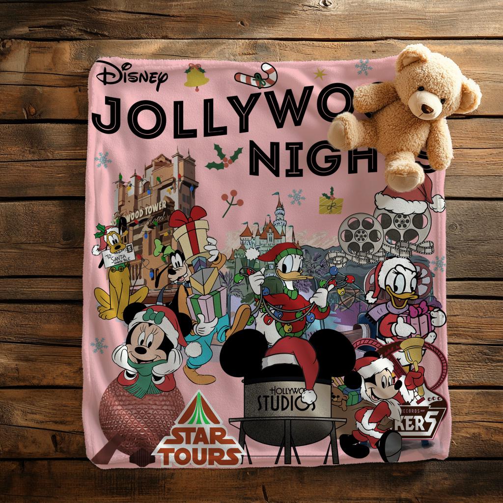Jollywood Nights Mickey and Friends Blanket,Cozy Family Blanket, Disney Vacation Gift, Home Decor Blanket,Christmas Movie Watching Blanket