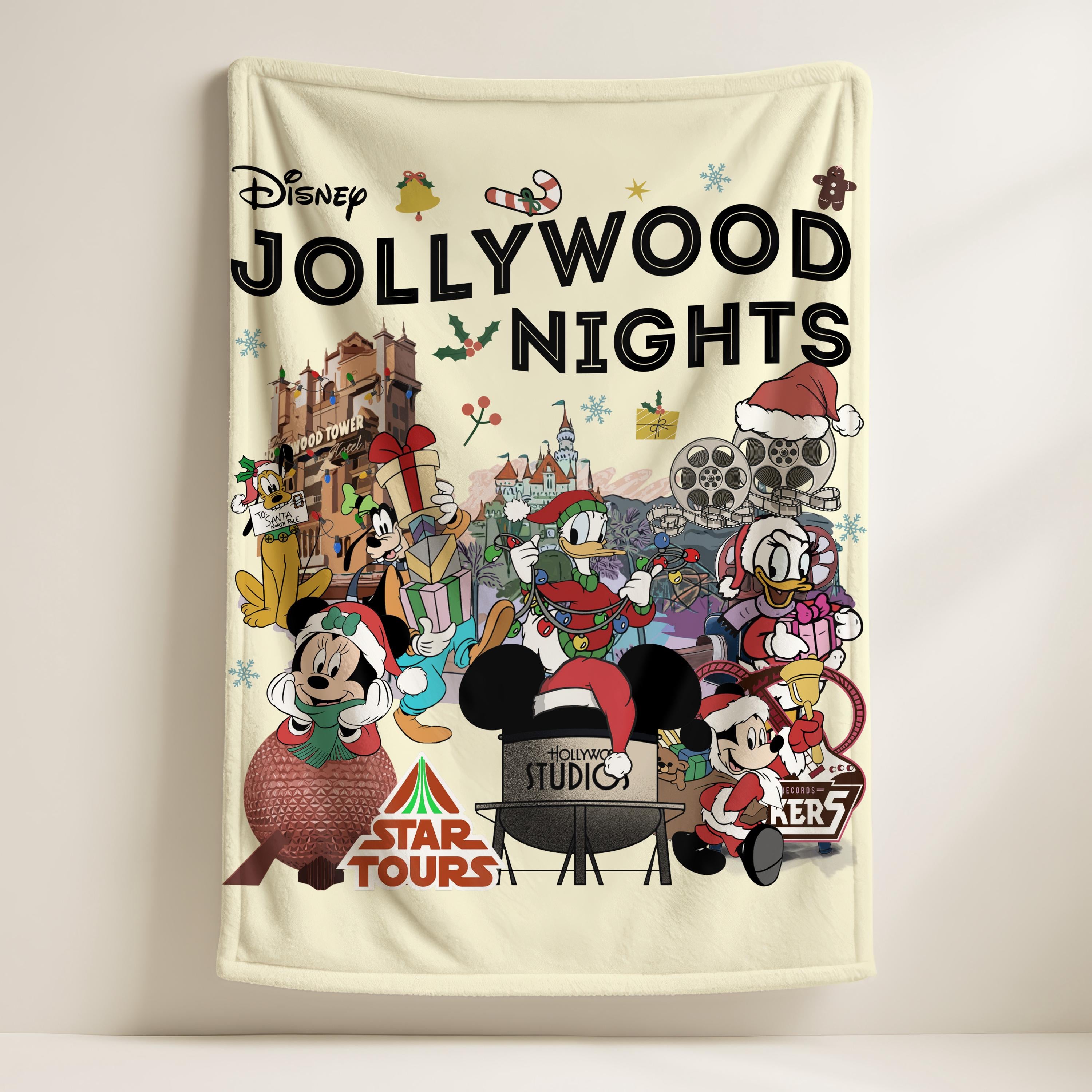 Jollywood Nights Mickey and Friends Blanket,Cozy Family Blanket, Disney Vacation Gift, Home Decor Blanket,Christmas Movie Watching Blanket