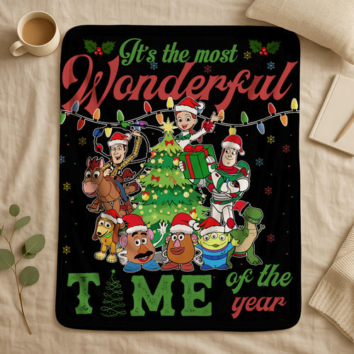 Christmas Toy Friends Blanket,Its the Most Wonderful Time Christmas Blanket,Elegant Holiday Gift,Christmas Tree and Lights Throw Blanket