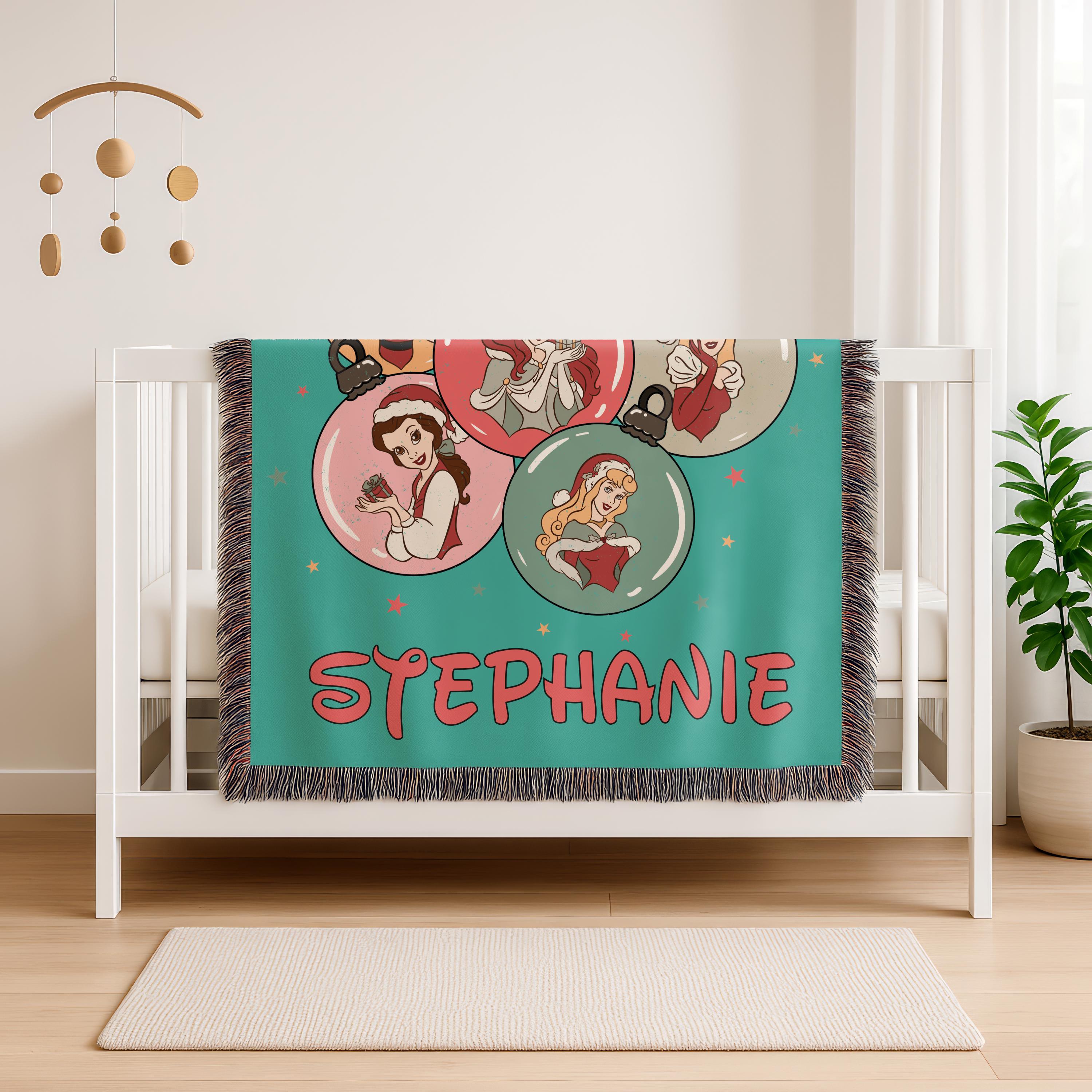 Custom Disney PrincessesWoven Fleece Blanket,Baby Shower Gift, Custom Name Nursery Decor, Merry Christmas Party Gift, Xmas Holiday Blanket