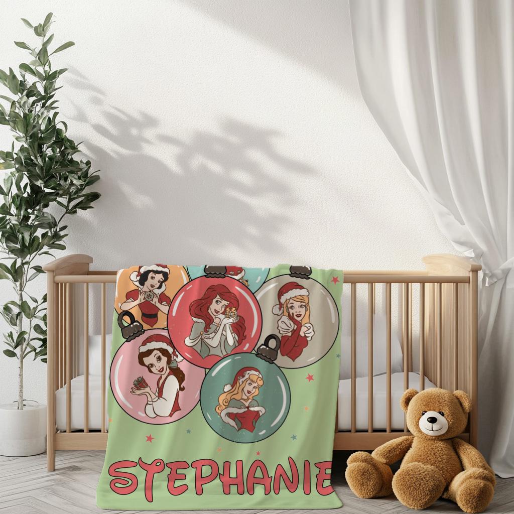 Custom Disney PrincessesWoven Fleece Blanket,Baby Shower Gift, Custom Name Nursery Decor, Merry Christmas Party Gift, Xmas Holiday Blanket