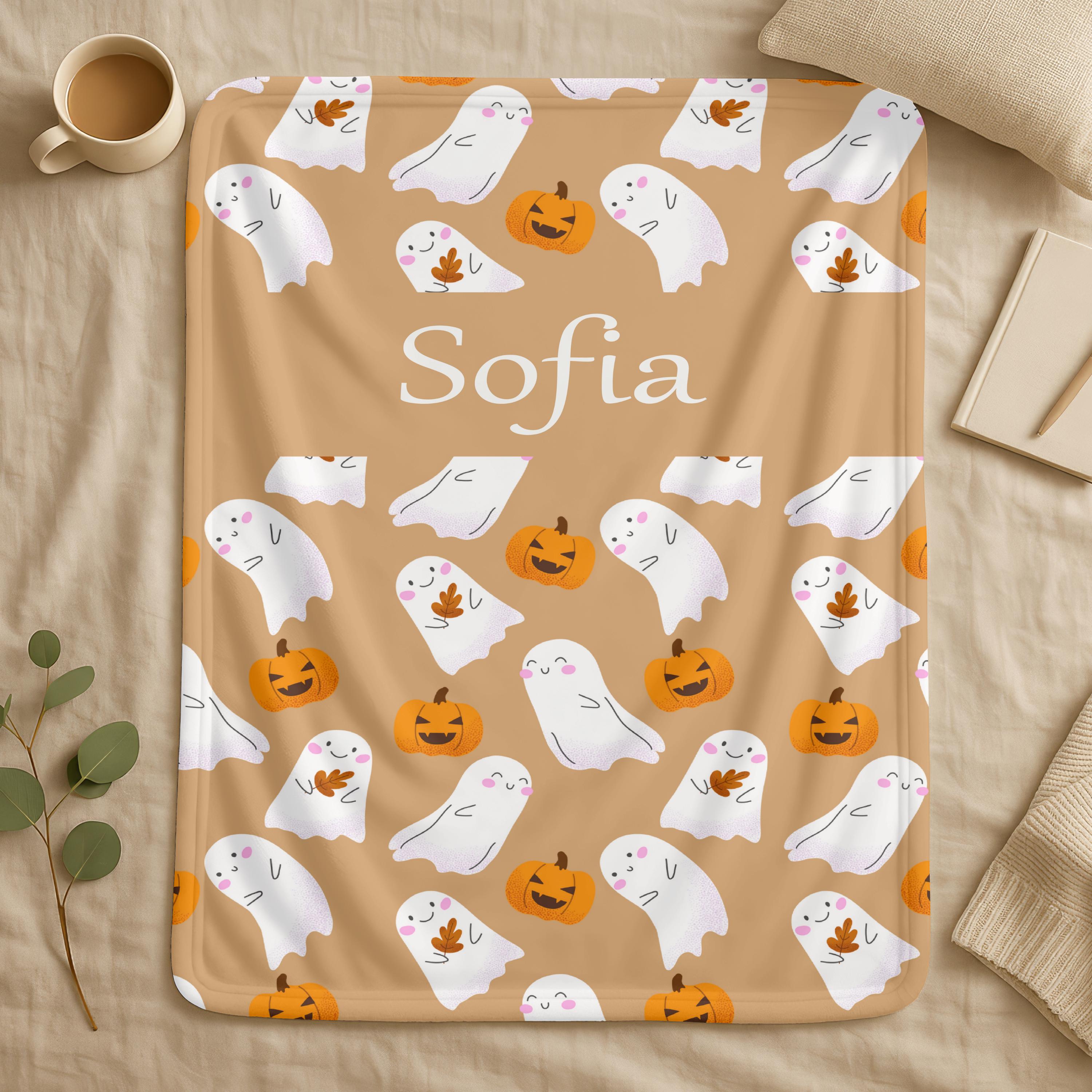 Custom Name Halloween Ghost Blanket,Personalized Halloween Blanket, Cute Ghost and Pumpkin Blanket, Cozy Halloween Velveteen Plush Blanket