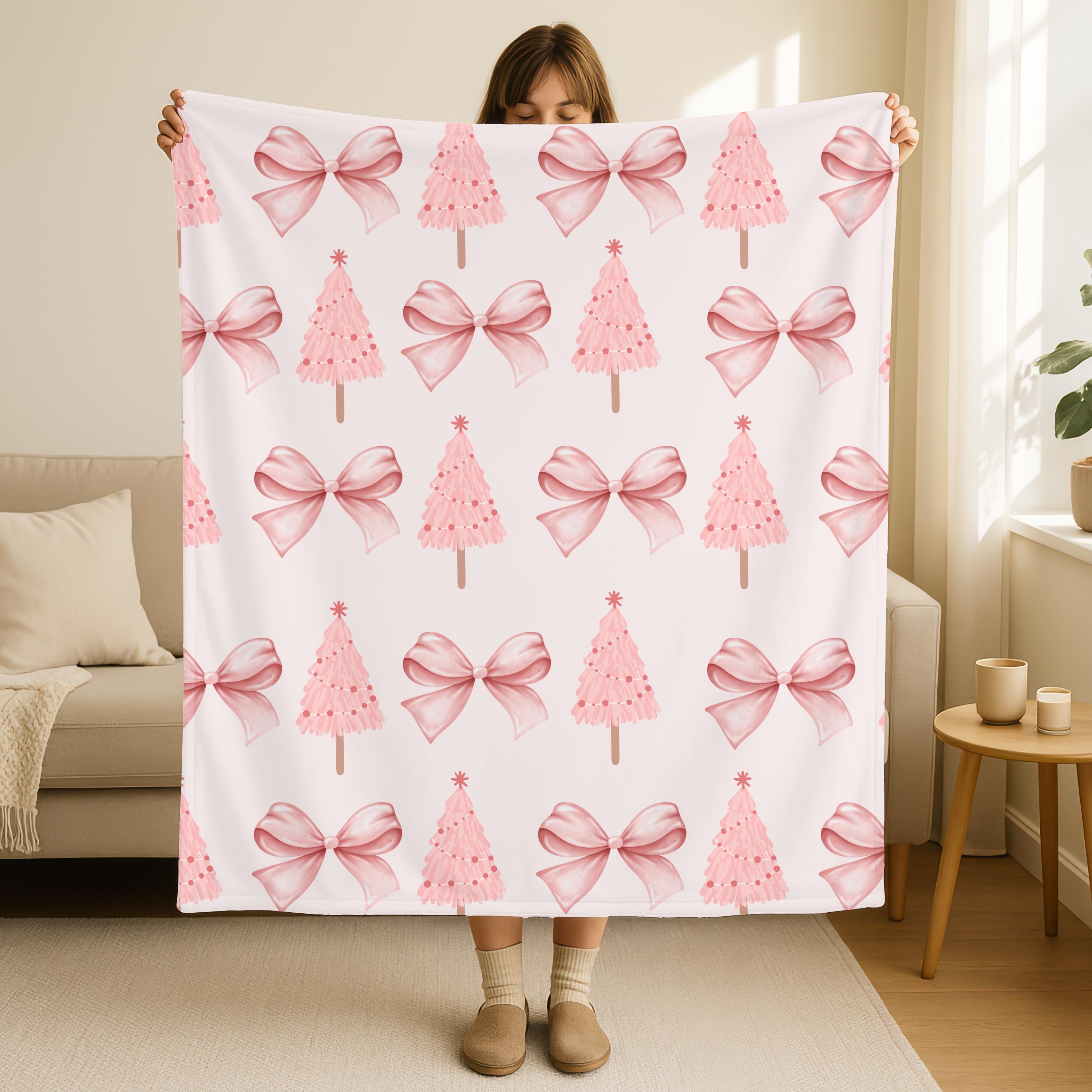 Preppy Pink Coquette Christmas Tree Blanket,Holiday Throw Pink Bow Christmas Decor,Cozy Christmas Gift,Kids Christmas Blanket,Baby Blanket