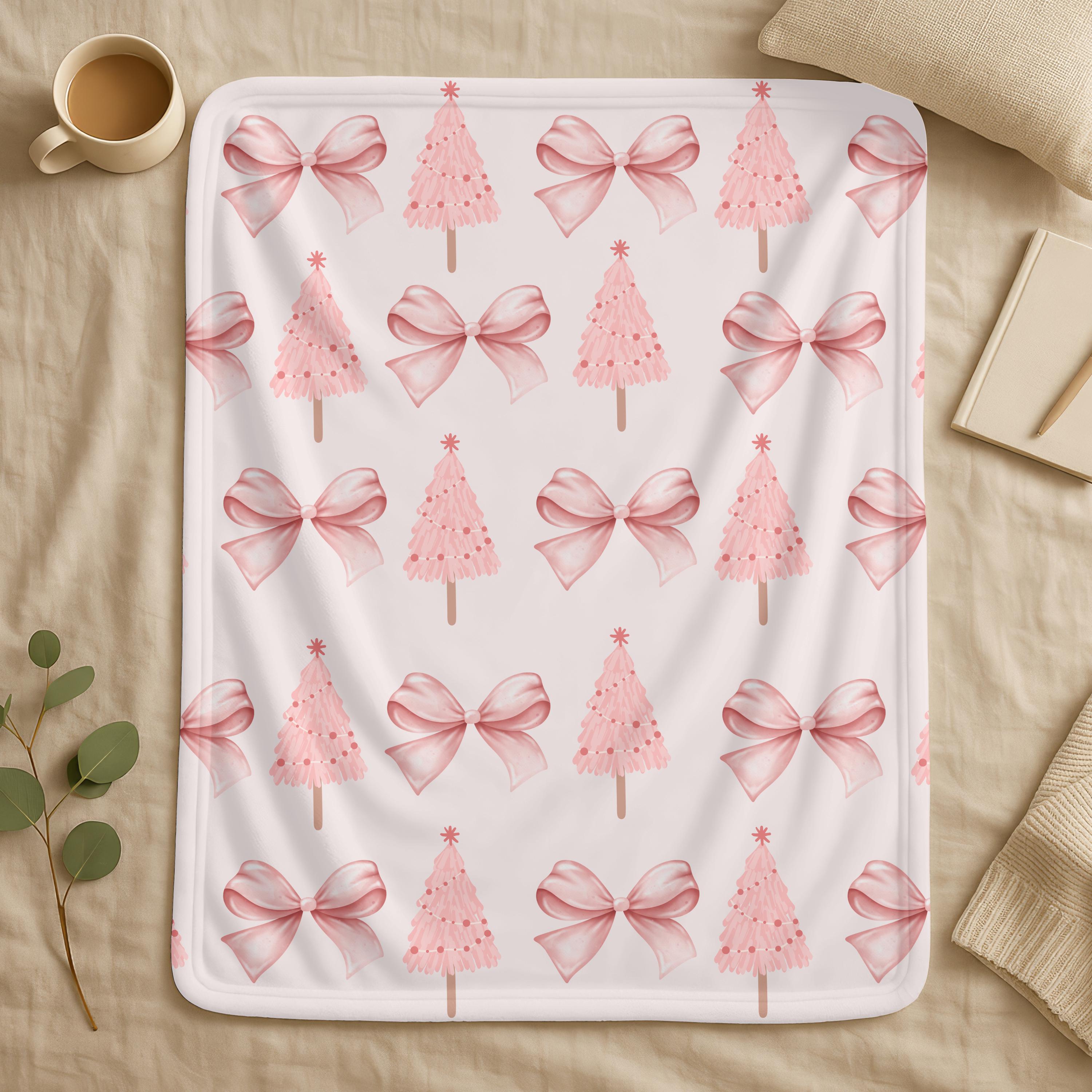 Preppy Pink Coquette Christmas Tree Blanket,Holiday Throw Pink Bow Christmas Decor,Cozy Christmas Gift,Kids Christmas Blanket,Baby Blanket