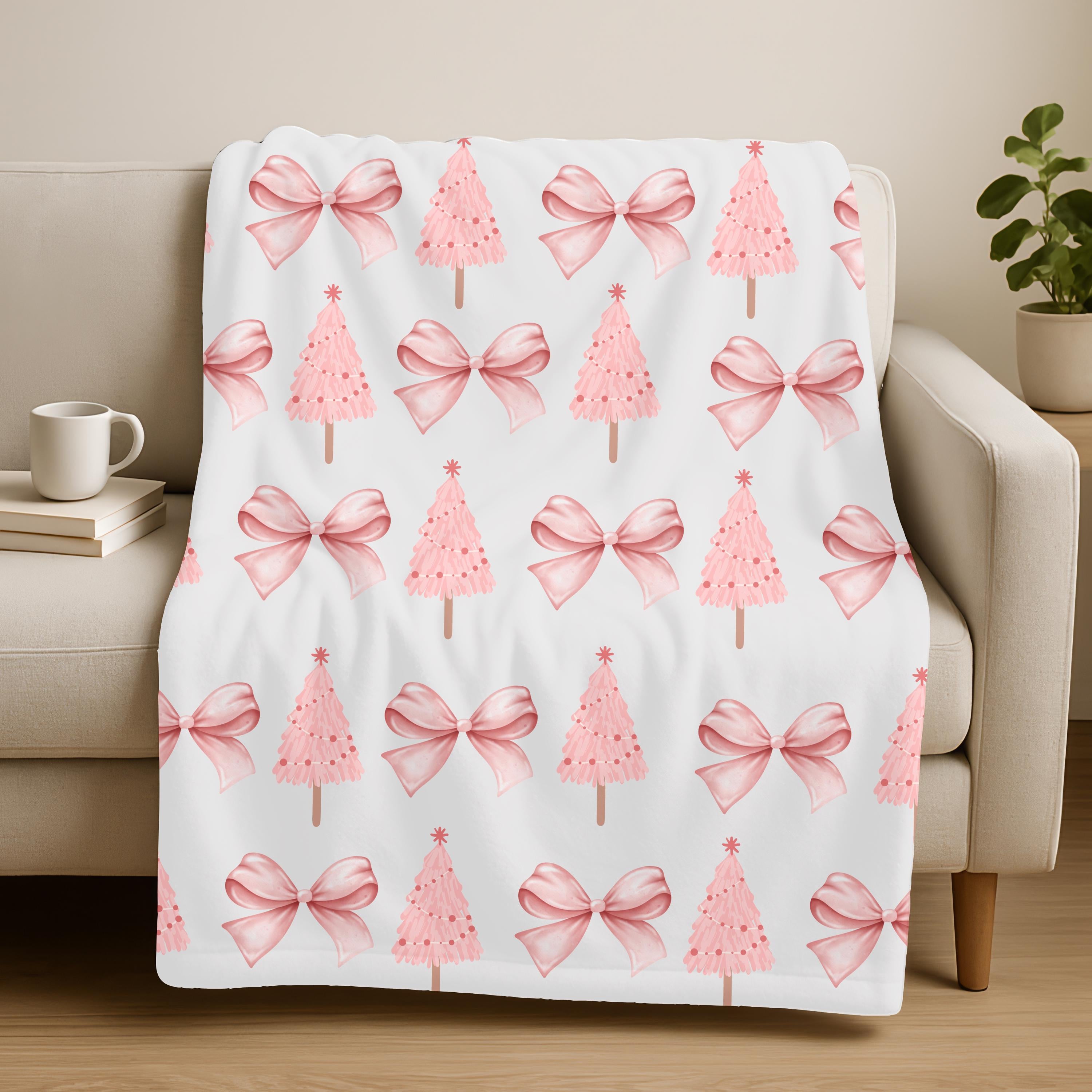Preppy Pink Coquette Christmas Tree Blanket,Holiday Throw Pink Bow Christmas Decor,Cozy Christmas Gift,Kids Christmas Blanket,Baby Blanket