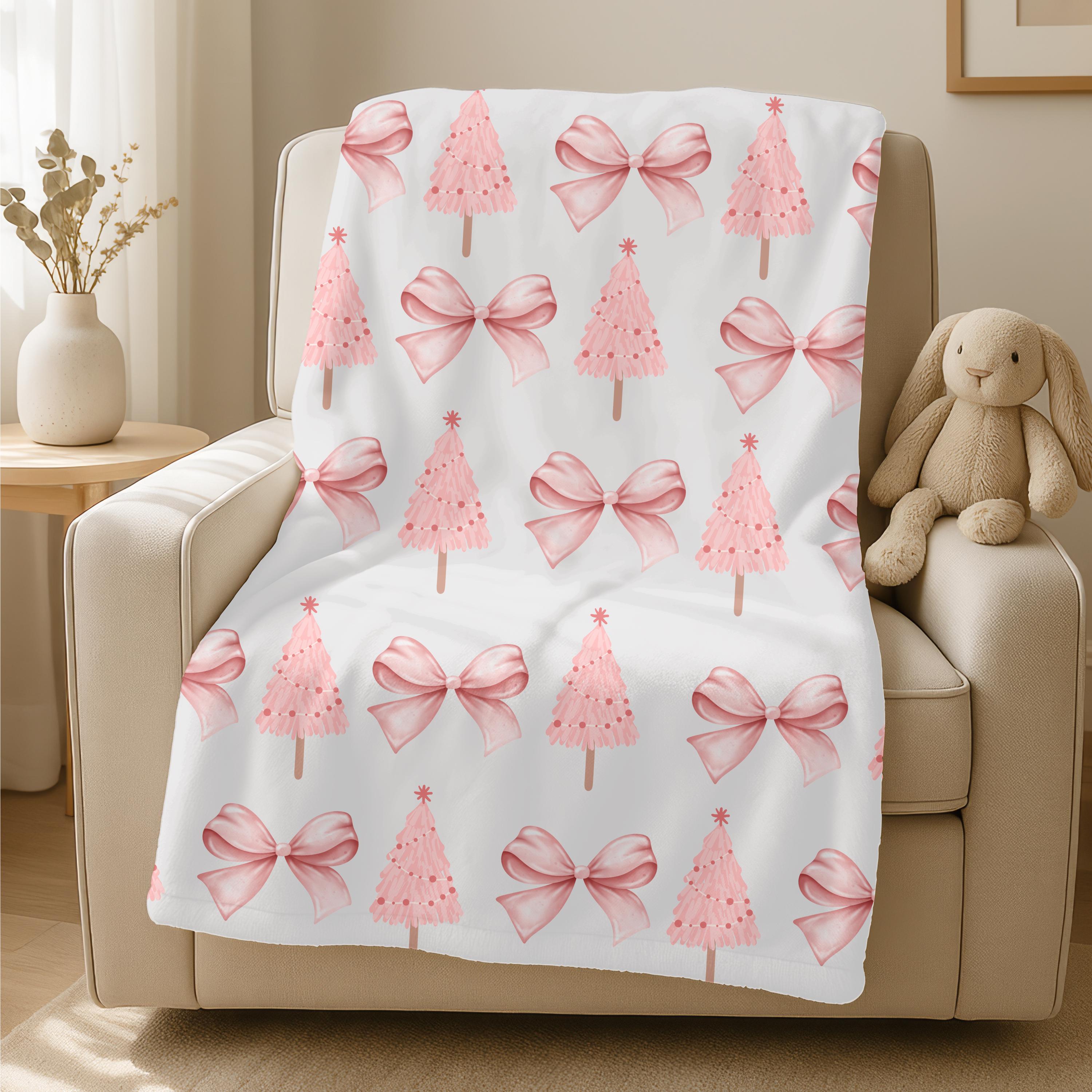 Preppy Pink Coquette Christmas Tree Blanket,Holiday Throw Pink Bow Christmas Decor,Cozy Christmas Gift,Kids Christmas Blanket,Baby Blanket