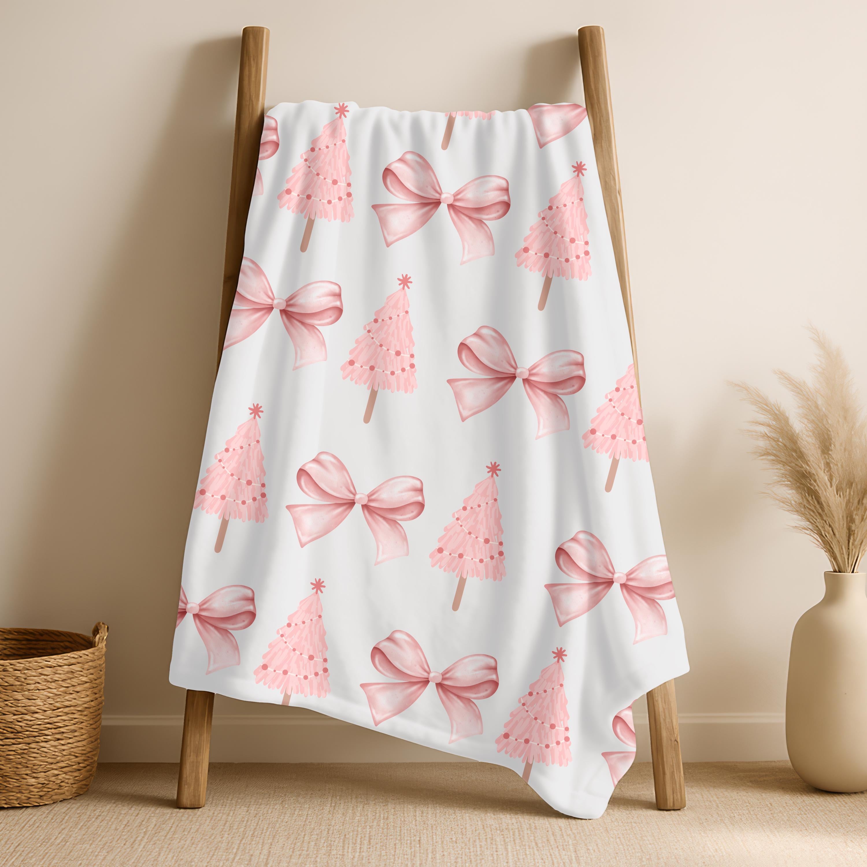 Preppy Pink Coquette Christmas Tree Blanket,Holiday Throw Pink Bow Christmas Decor,Cozy Christmas Gift,Kids Christmas Blanket,Baby Blanket