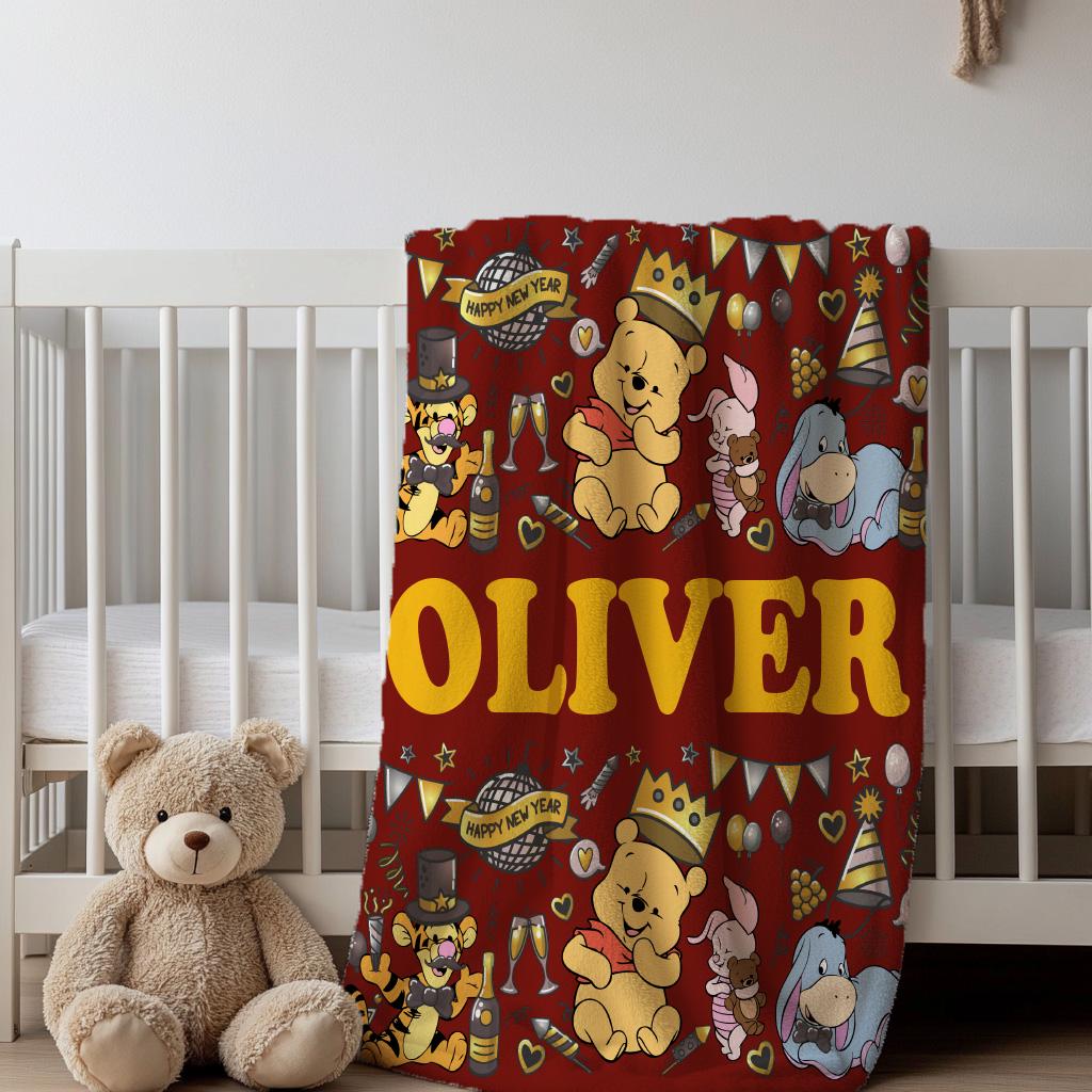 Custom Name With Christmas Winnie the Pooh Baby Blanket,  Soft Plush Winnie the Pooh Baby Swaddle, Baby Shower Gift, Couch Throw BlanketGift