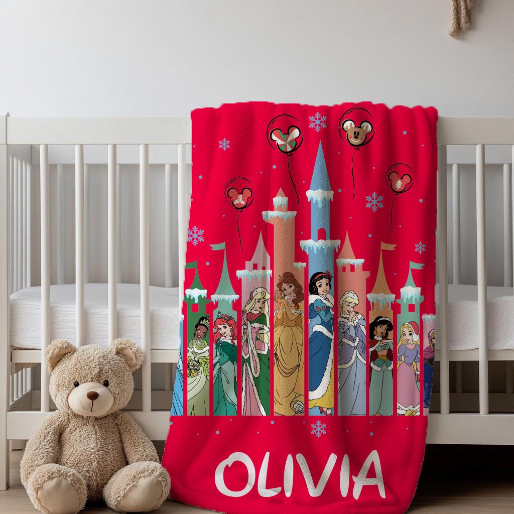 Personalized Disney Princess Christmas Blanket, Merry Christmas Princess Blanket, Baby Name Blanket, Snow White, Bella, Mulan, Ariel Gifts