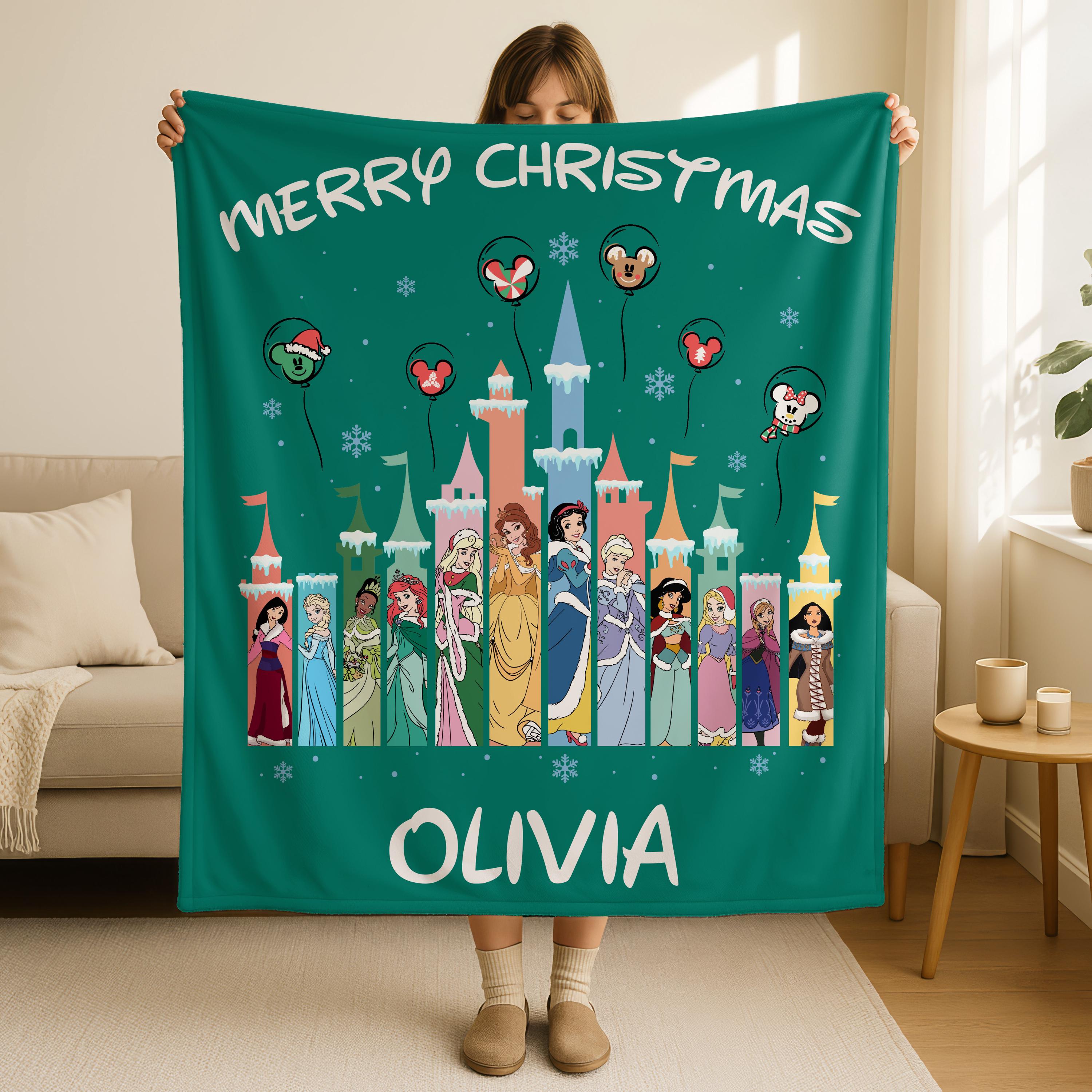 Personalized Disney Princess Christmas Blanket, Merry Christmas Princess Blanket, Baby Name Blanket, Snow White, Bella, Mulan, Ariel Gifts