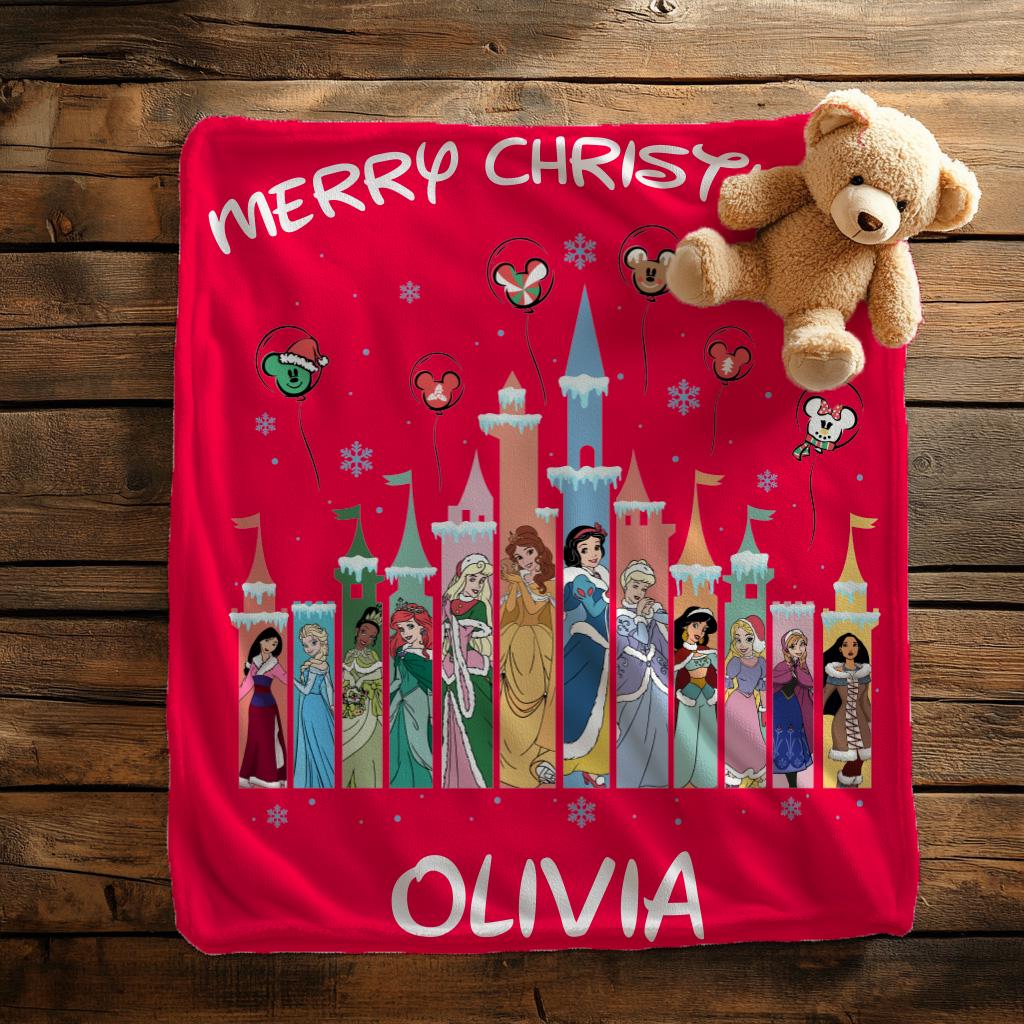 Personalized Disney Princess Christmas Blanket, Merry Christmas Princess Blanket, Baby Name Blanket, Snow White, Bella, Mulan, Ariel Gifts