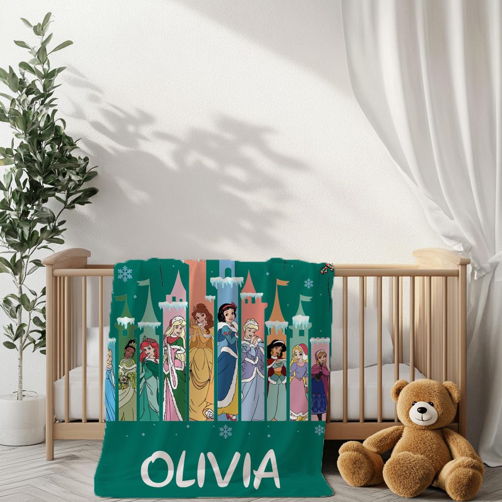 Personalized Disney Princess Christmas Blanket, Merry Christmas Princess Blanket, Baby Name Blanket, Snow White, Bella, Mulan, Ariel Gifts