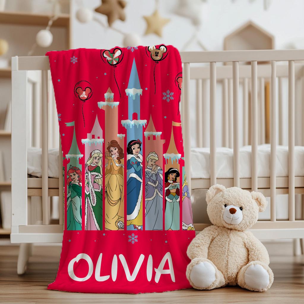 Personalized Disney Princess Christmas Blanket, Merry Christmas Princess Blanket, Baby Name Blanket, Snow White, Bella, Mulan, Ariel Gifts