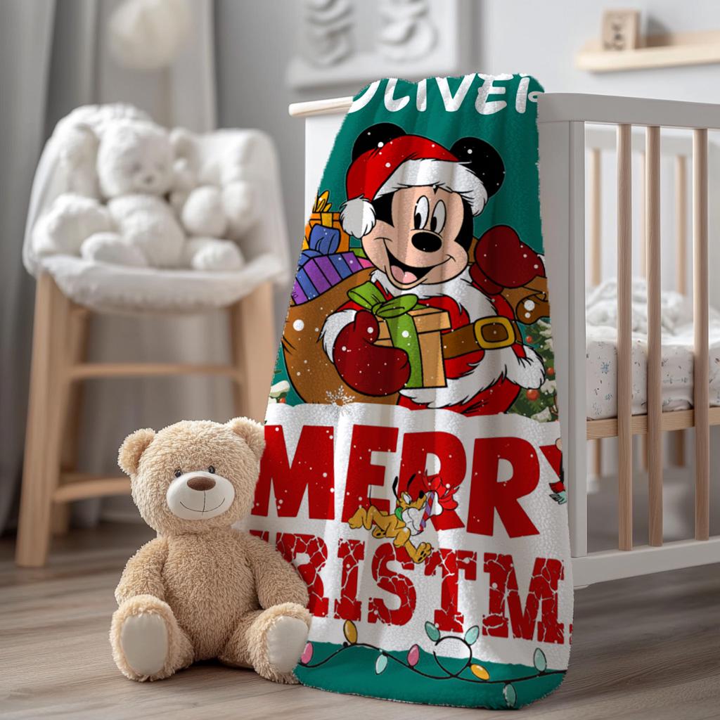 Personalized Merry Christmas Disney Blanket, Customized Mickey Mouse Blanket with Name, Soft Christmas Blanket, Holiday Fleece Blanket