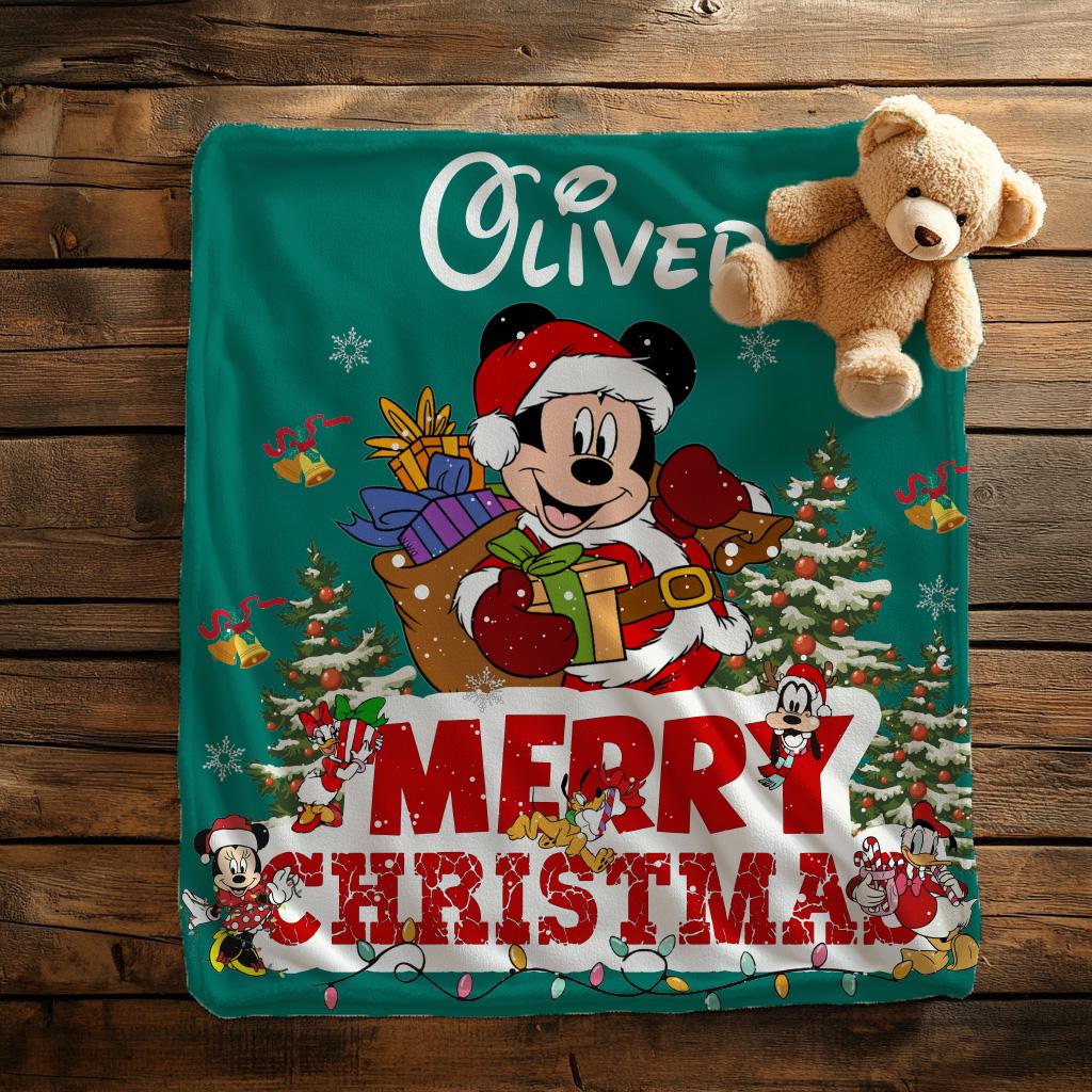 Personalized Merry Christmas Disney Blanket, Customized Mickey Mouse Blanket with Name, Soft Christmas Blanket, Holiday Fleece Blanket