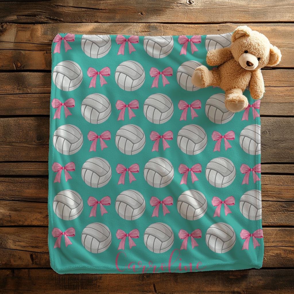 Personalized Volleyball and Coquette Bow Blanket,Plush Velveteen Sports Gift,Team Bows Design, Custom Throw,Custom Name Sporty Girl Gift