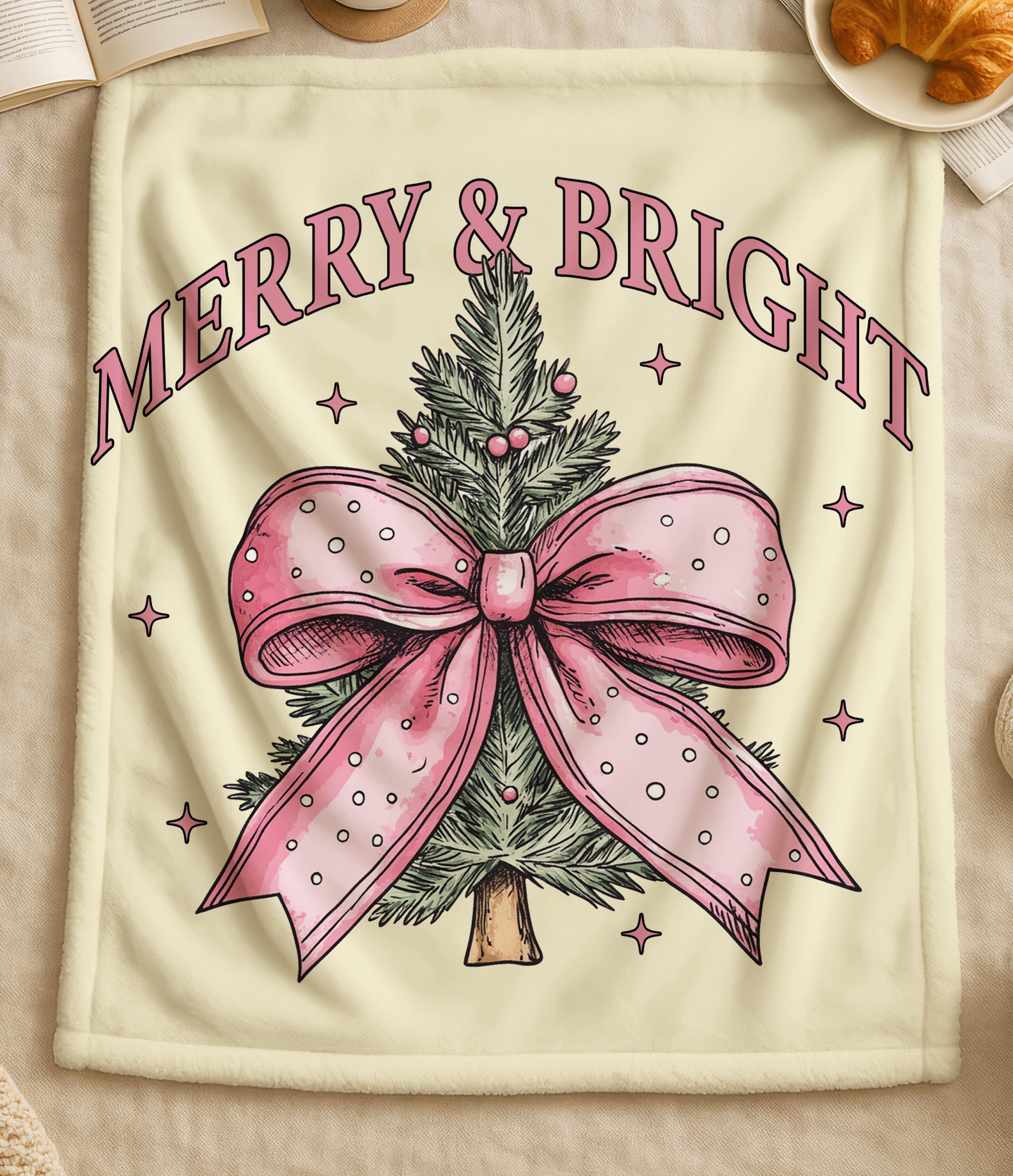 Girly Pink Coquette Bow Merry Bright Soft Throw Blanket,Coquette Baby Girl Nursery Blanket,Baby Shower Gift For Girls,Merry Christmas Gift
