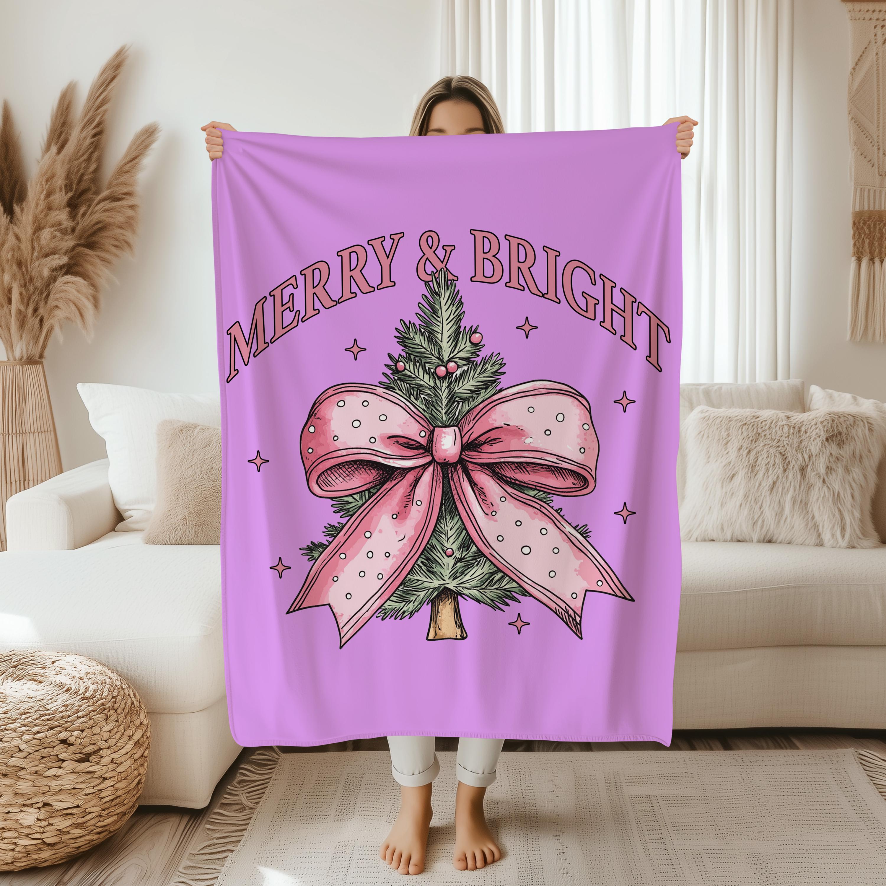 Girly Pink Coquette Bow Merry Bright Soft Throw Blanket,Coquette Baby Girl Nursery Blanket,Baby Shower Gift For Girls,Merry Christmas Gift