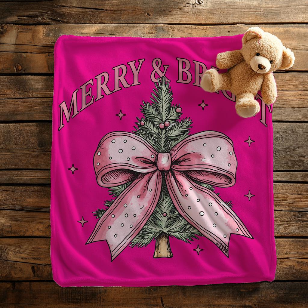 Girly Pink Coquette Bow Merry Bright Soft Throw Blanket,Coquette Baby Girl Nursery Blanket,Baby Shower Gift For Girls,Merry Christmas Gift