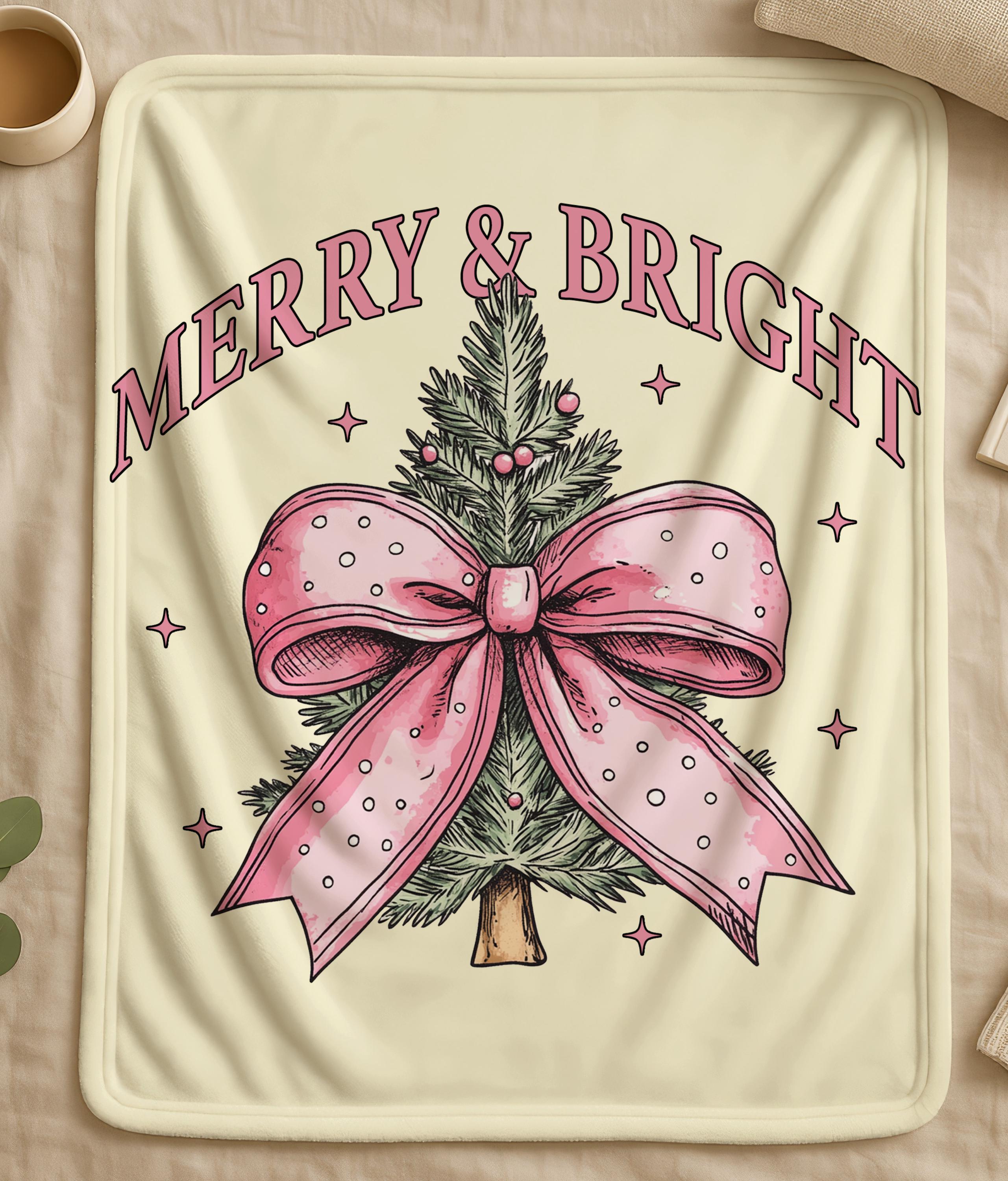 Girly Pink Coquette Bow Merry Bright Soft Throw Blanket,Coquette Baby Girl Nursery Blanket,Baby Shower Gift For Girls,Merry Christmas Gift