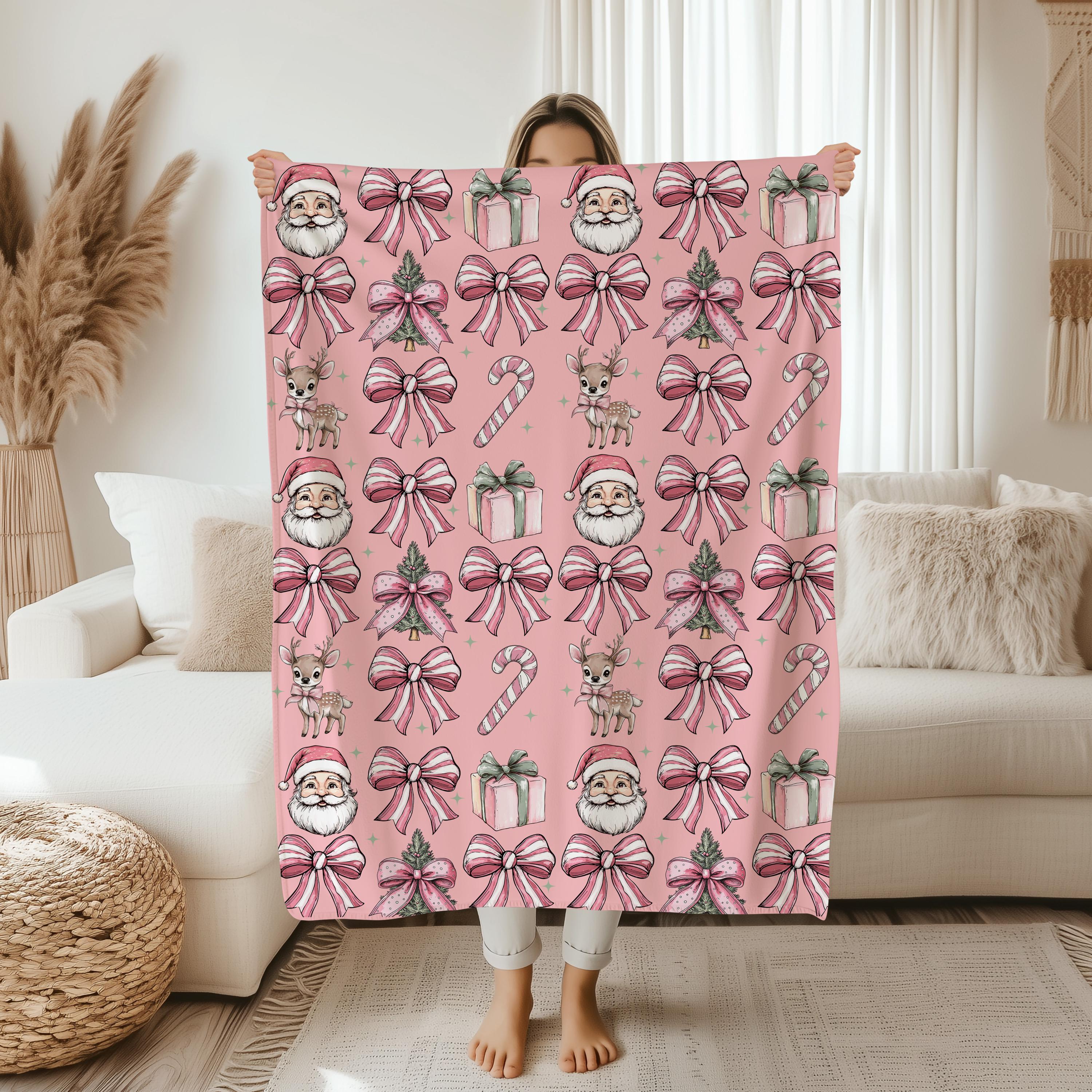 Coquette Santa Christmas Throw Blanket,Cottagecore Xmas Gift Ideas,Merry Christmas,Santa Face Xmas Gift for Mom,Holiday Movie Night Gift