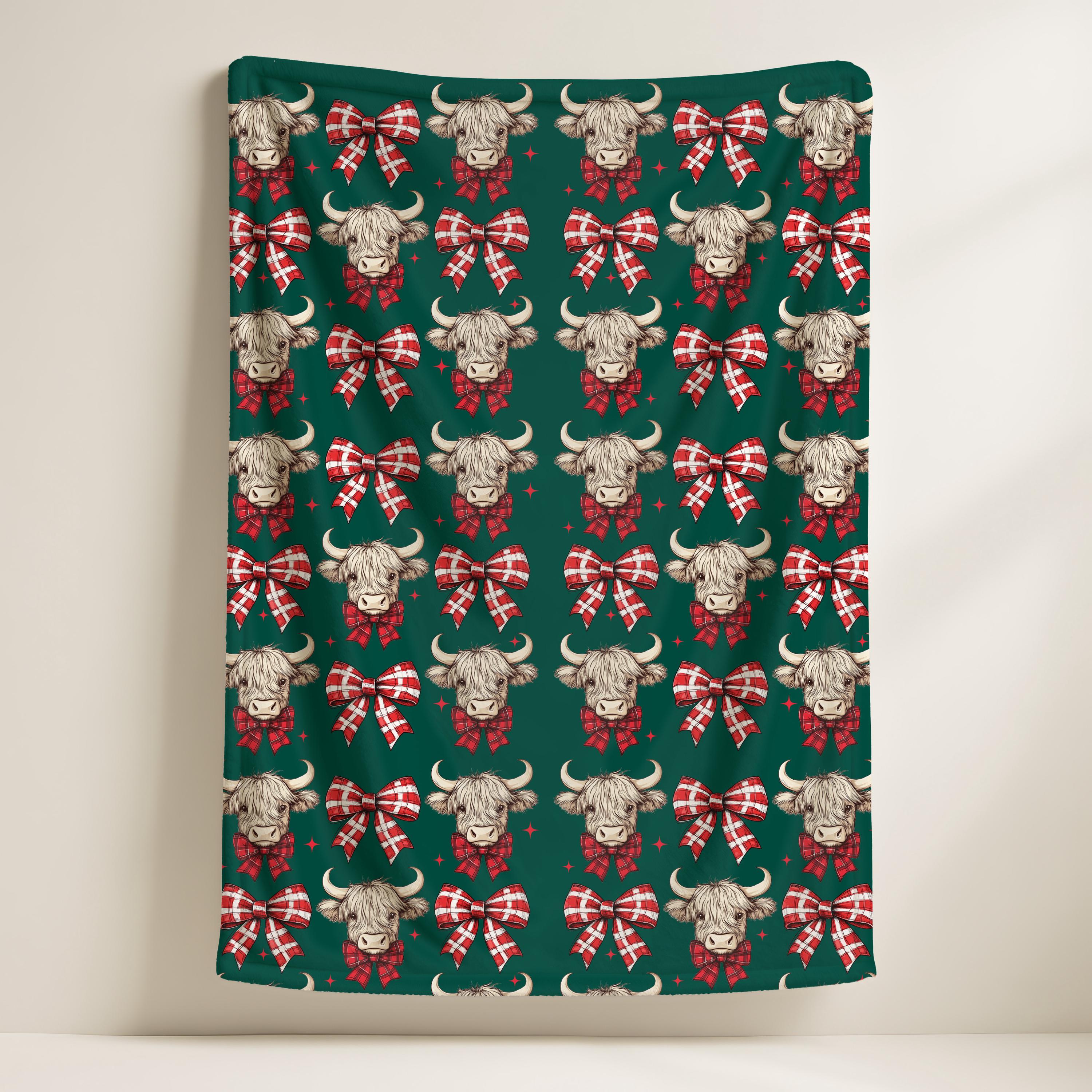 Christmas Highland Cow Blanket, Farmhouse Holiday Decor, Cows Lover Gift,Western Christmas Throw,Christmas Mooey Coquette Bow Fleeze Blanket