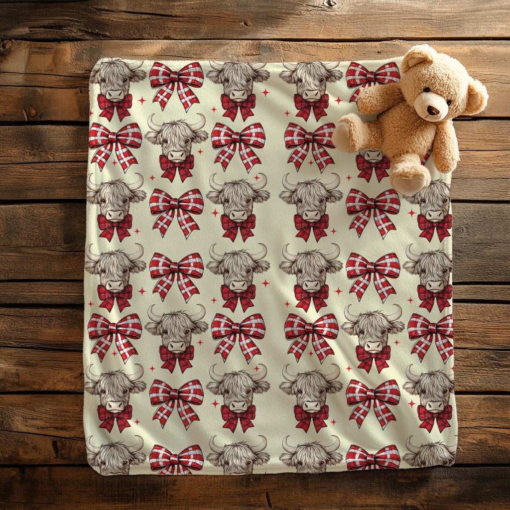 Christmas Highland Cow Blanket, Farmhouse Holiday Decor, Cows Lover Gift,Western Christmas Throw,Christmas Mooey Coquette Bow Fleeze Blanket