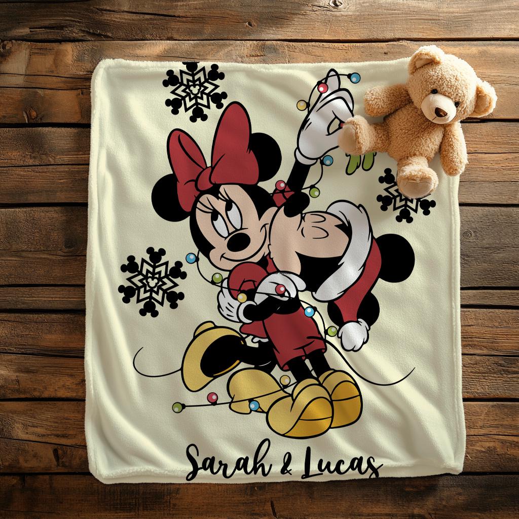 Custom Name Couple Christmas Mickey & Minnie Fleece Blanket, Holiday Magic Throw,Custom Name Gifts, Personalized Mom Gift, Valentine Blanket
