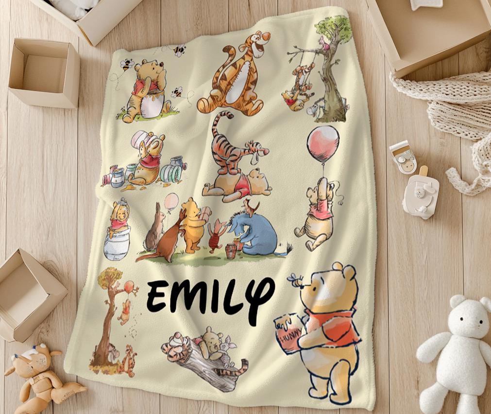 Personalized Winnie the Pooh Baby Blanket, Piglet Tigger Blanket, Disney Baby Blanket, Custom Name Baby Blanket, Cute Baby Shower Gift