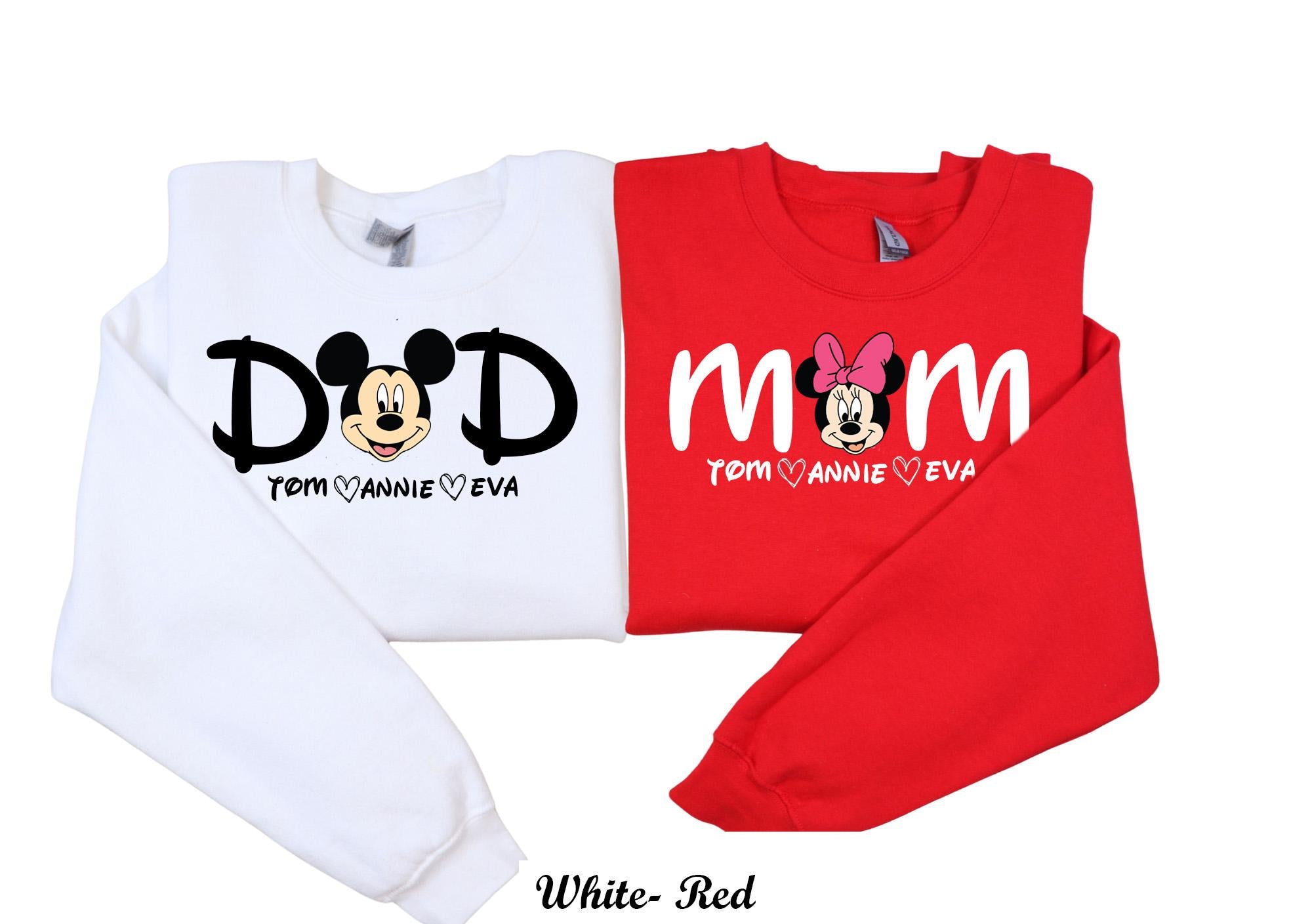 Custom Disney Minnie Mom and Dad Sweatshirt, Family Couple Trip Hoodie, Christmas Dad Mom Shirt with Kids Name,New Mom Dad Sweatshirt