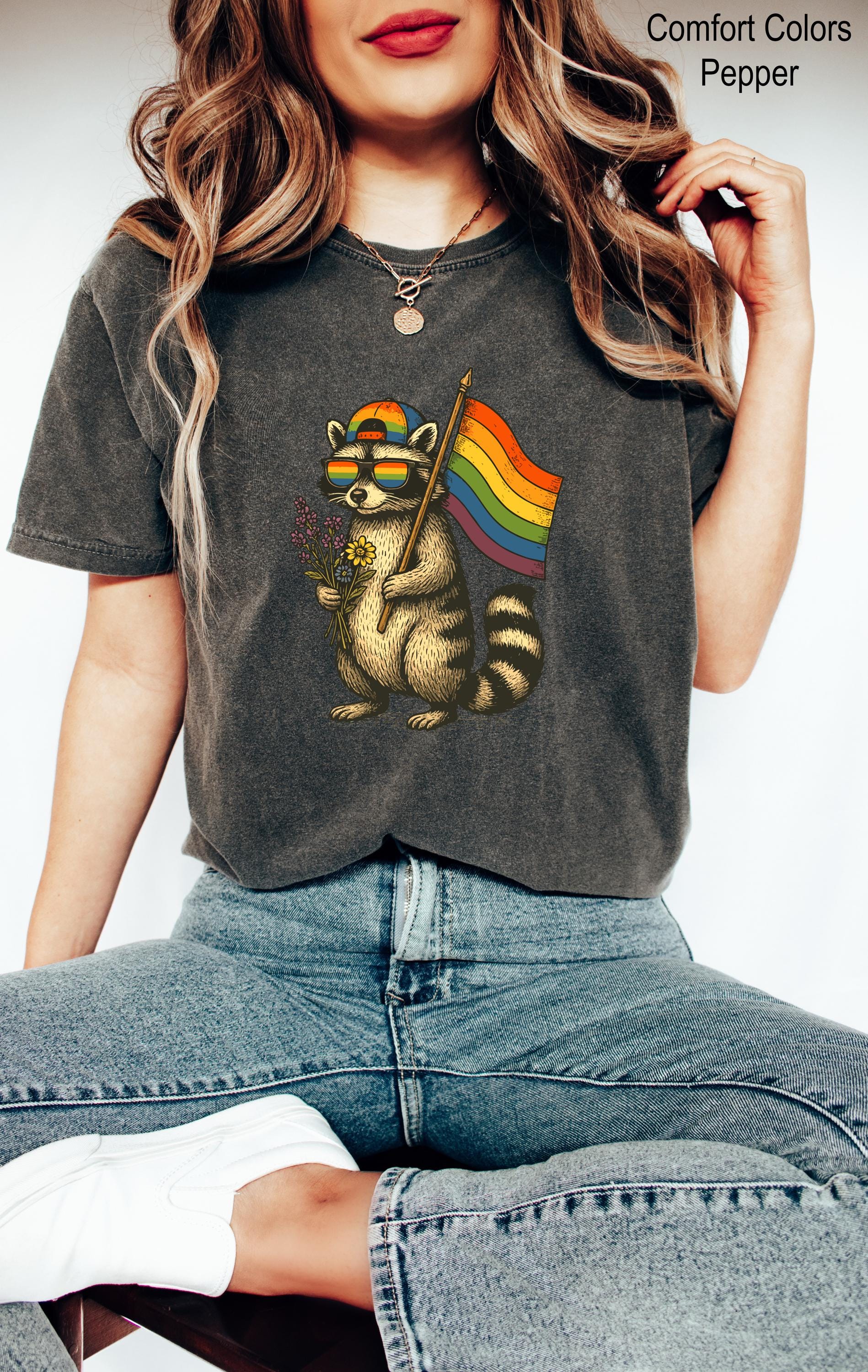 Raccoon Pride Flag Shirt, Pride Month Shirt, Raccoon Shirt, Rainbow Flag Shirt, Queer Animal Graphic Tee, LGBTQ Party Outfit, LGBTQ Shirt