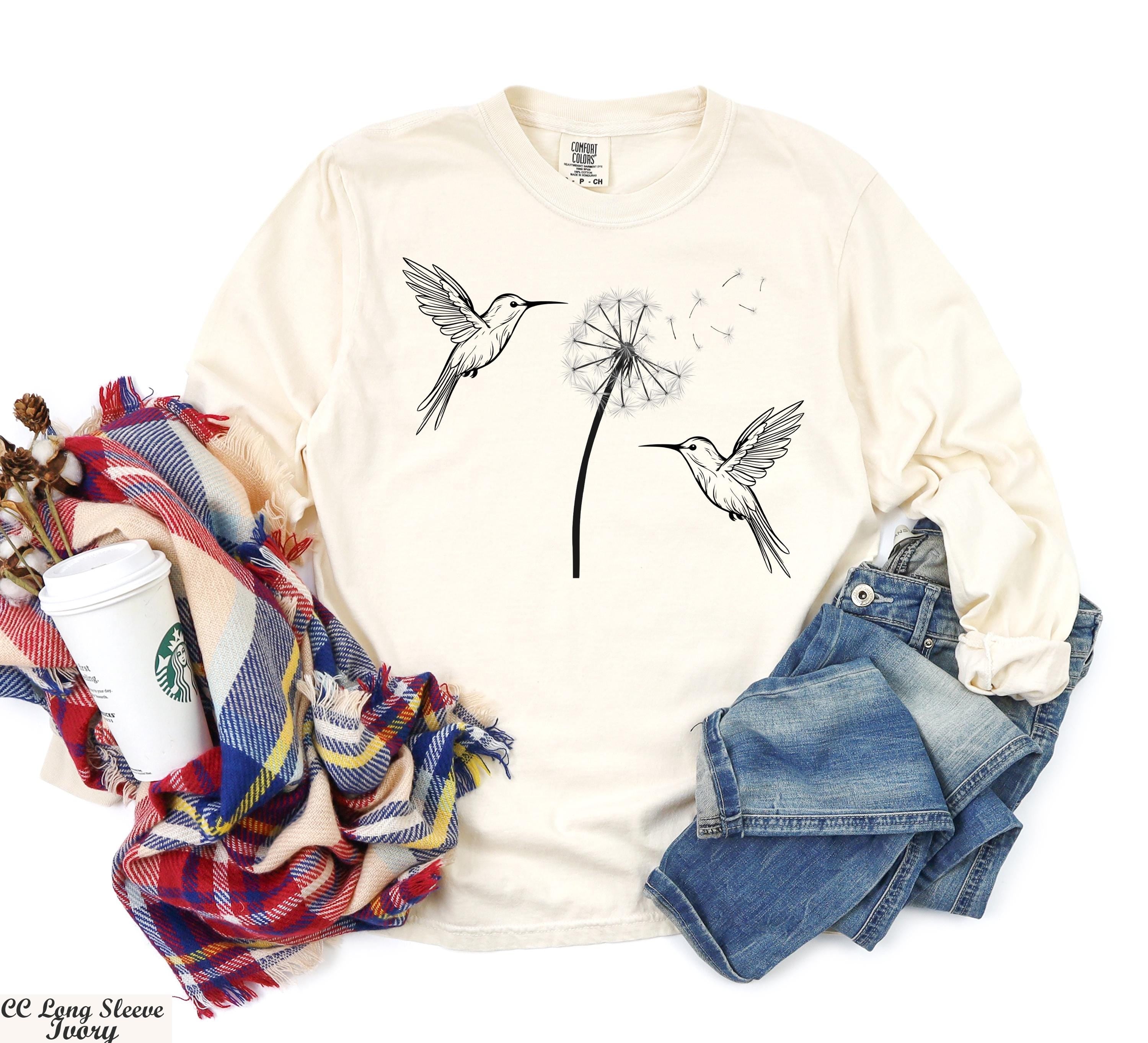 Cute Dandelion Hummingbird Long Sleeve Shirt,Hummingbird Dandelion Sweater,Nature Lovers Tee Sweater,Womens Fall Gift,Cozy Boho Chic Outfit